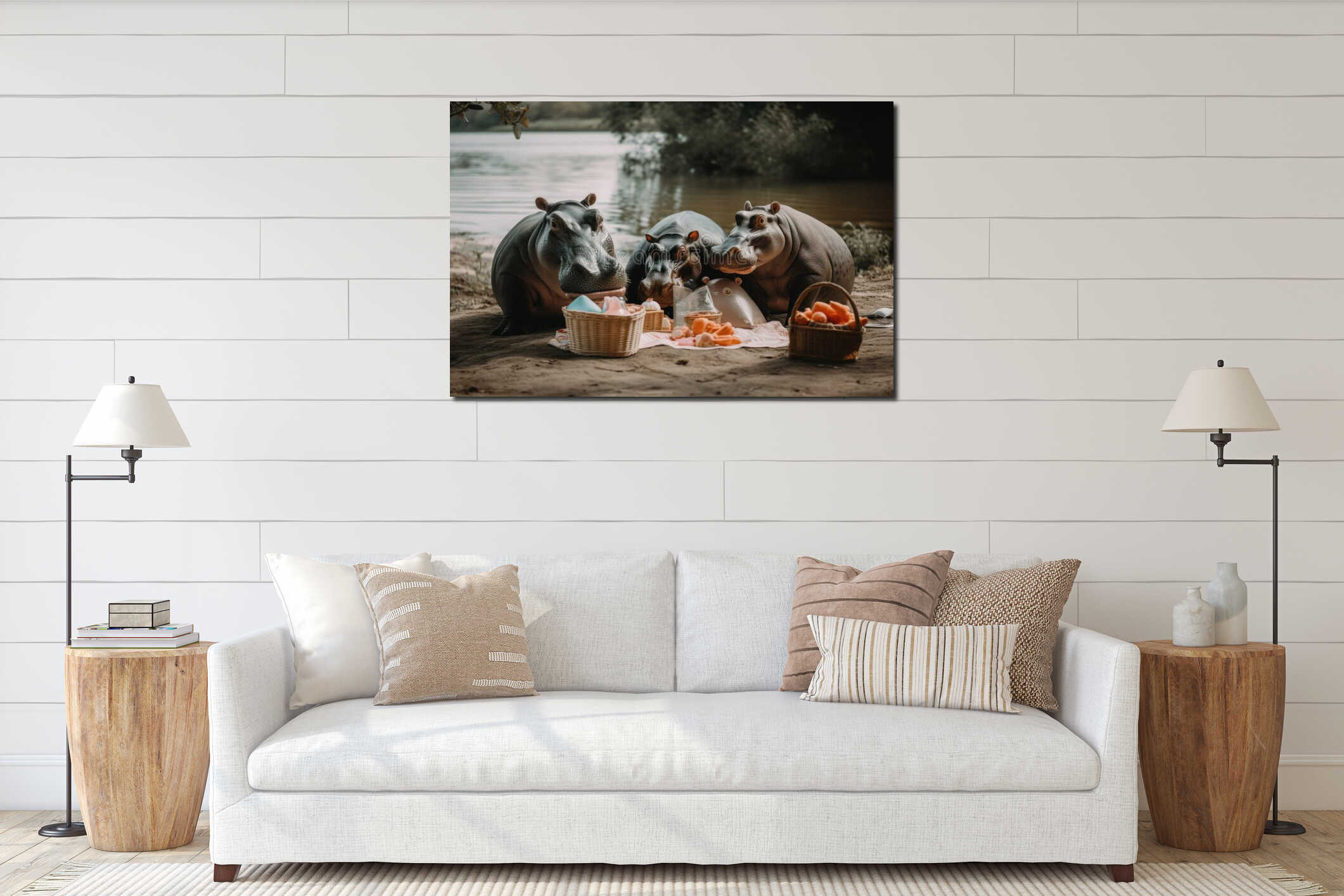 A group of hippos sitting on top of a sandy beach. Generative AI image. interior mockup