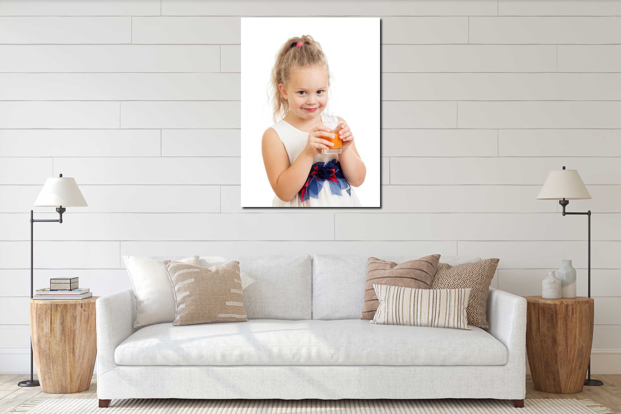 Child girl drinking juice isolated on white interior mockup