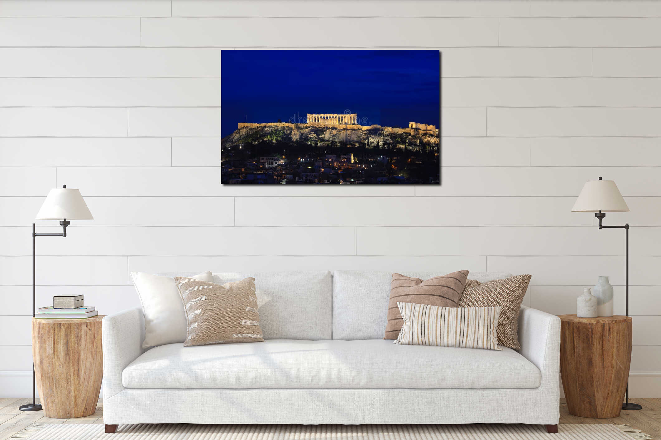 The Acropolis of Athens, Greece, with the Parthenon Temple on top of the hill in the night interior mockup