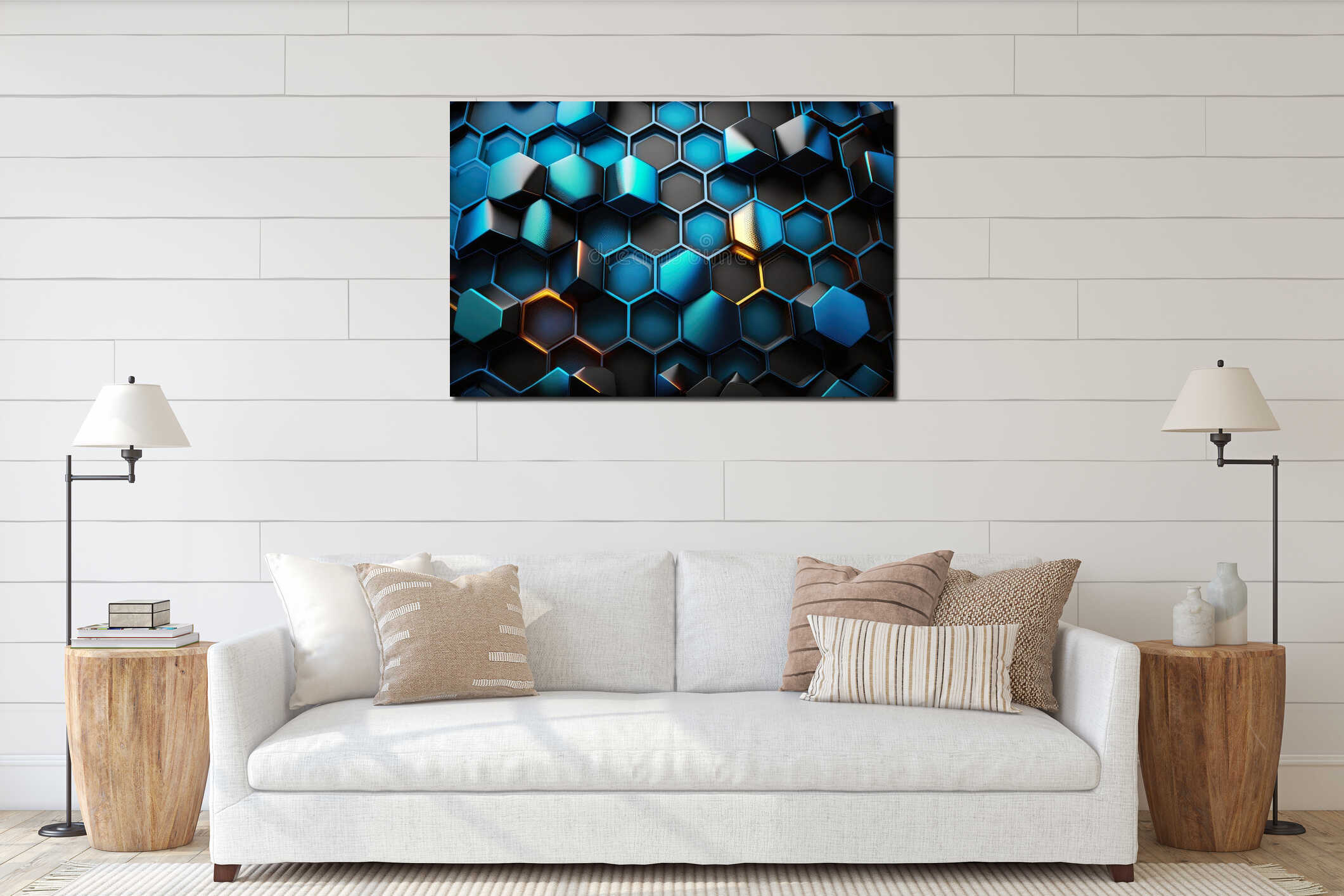 Futuristic Hexagonal Grid with Hues of Black and Iridescent Blue interior mockup