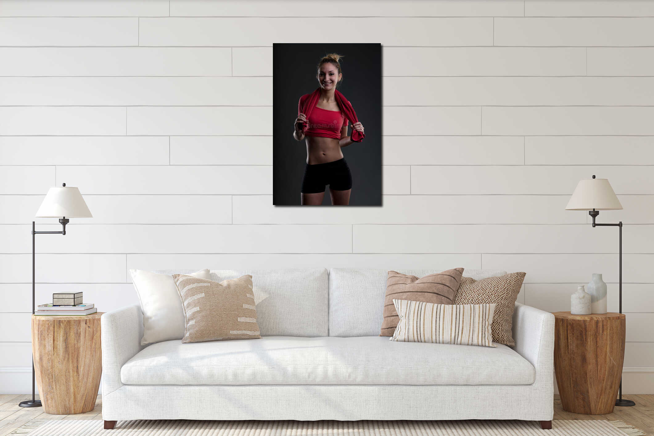 Confident, determined young woman at fitness club interior mockup