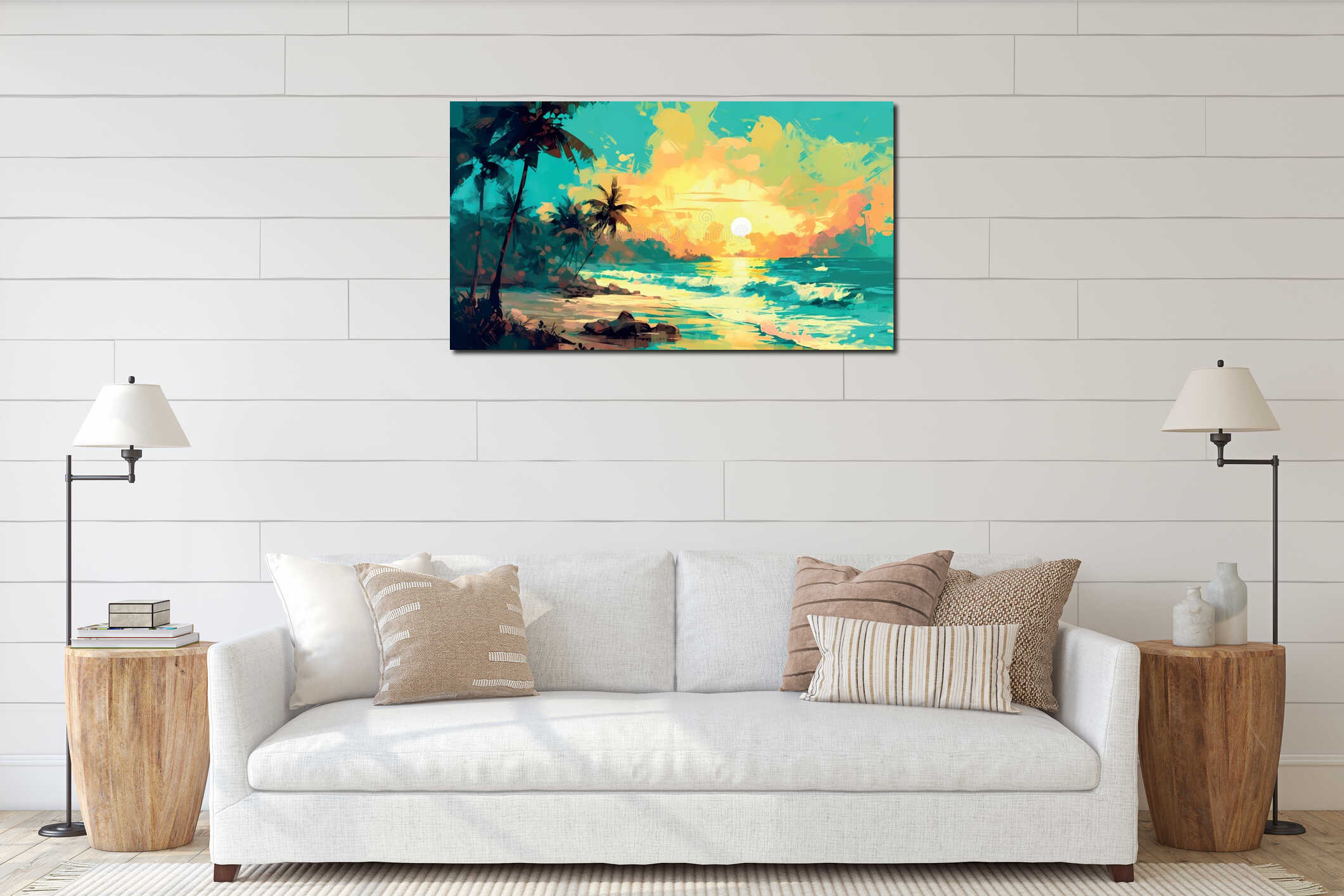 Illustration of Palm Trees Silhouettes On Tropical Beach At Sunset - painting interior mockup