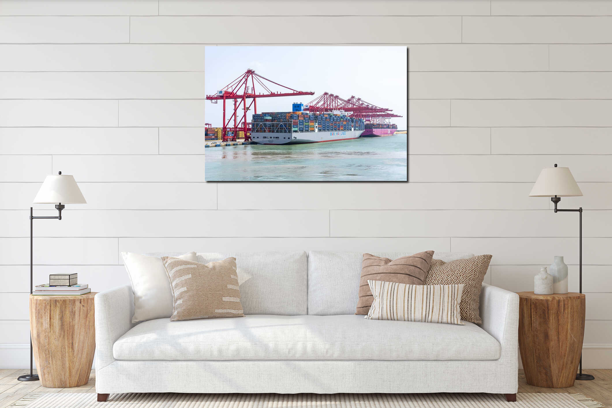 Colombo, Sri Lanka - large cargo container ship in the sea port under gantry cranes. interior mockup