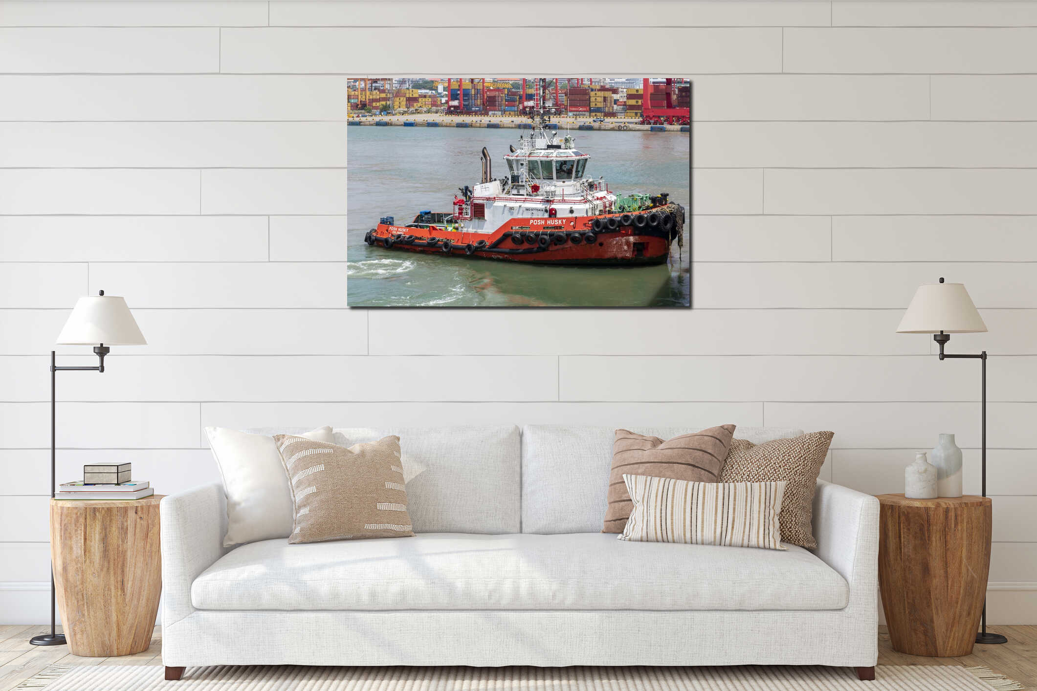 Colombo, Sri Lanka - tug boat near the container terminal, inside the sea port, interior mockup