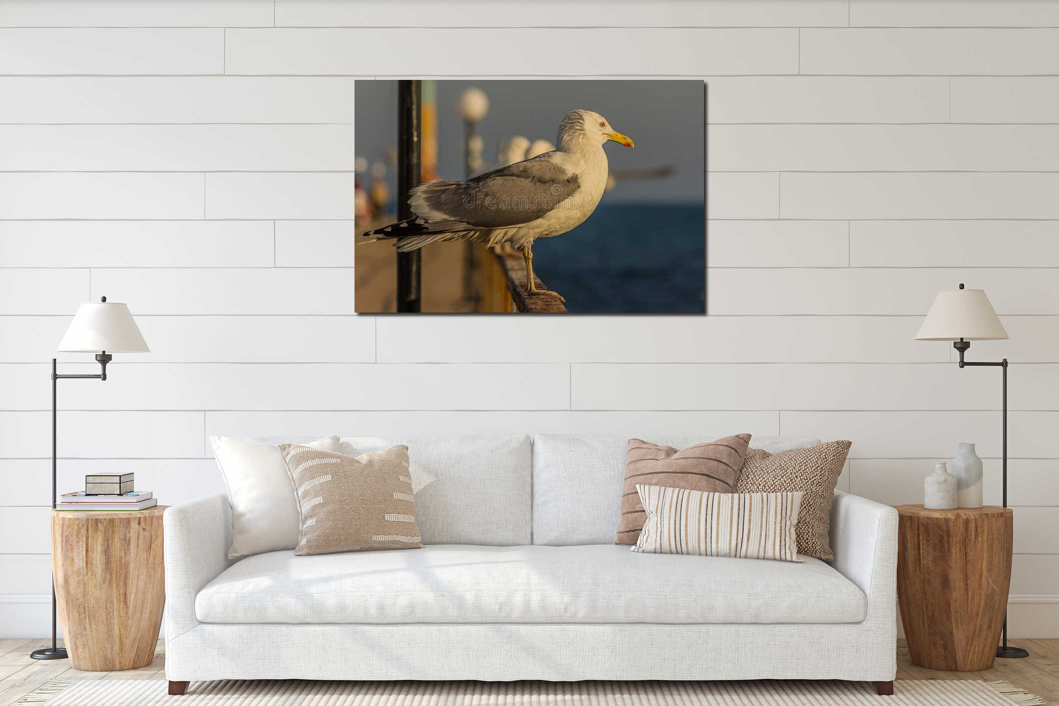 Portrait of a gull or seagull standing on a seaside railing interior mockup
