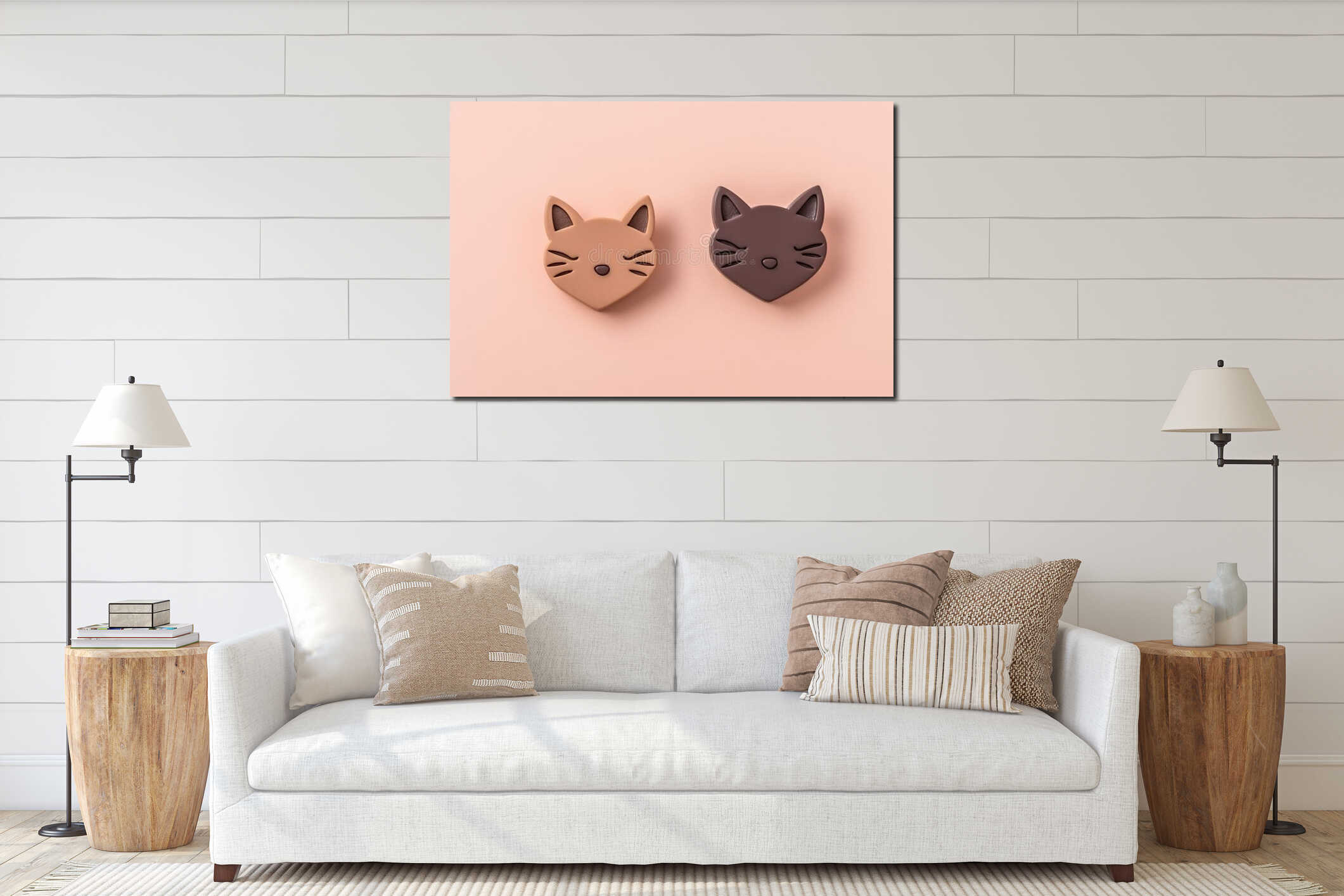A couple of cats sitting next to each other on a pink surface. AI generative image interior mockup
