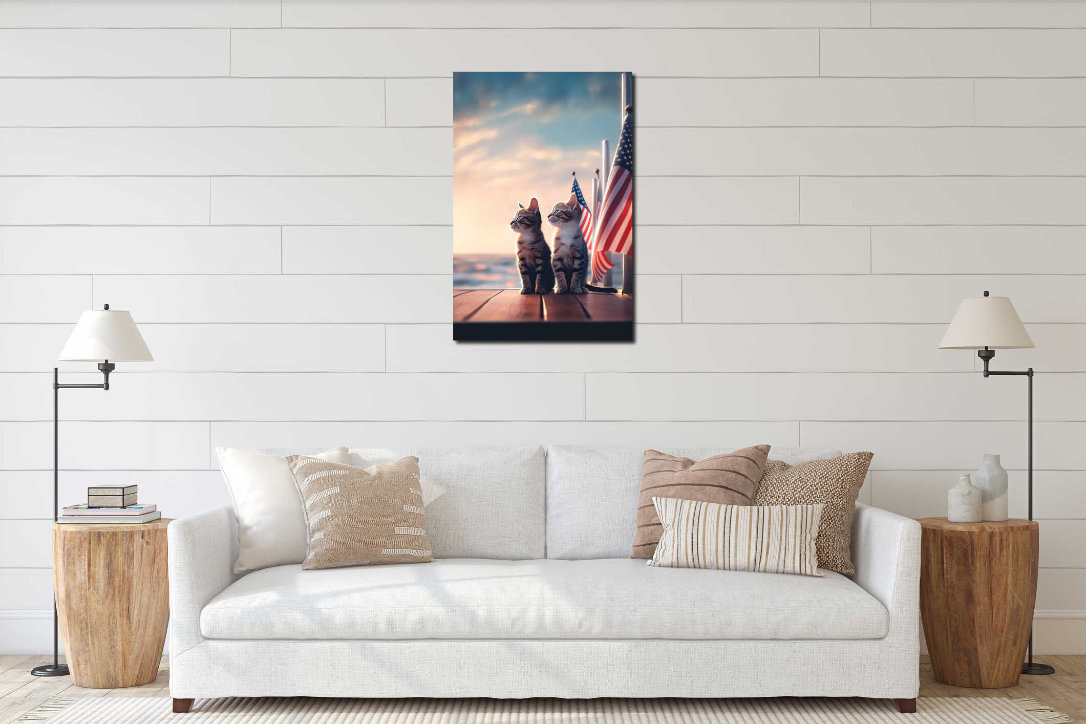 A couple of cats sitting on top of a wooden dock. Generative AI image. interior mockup