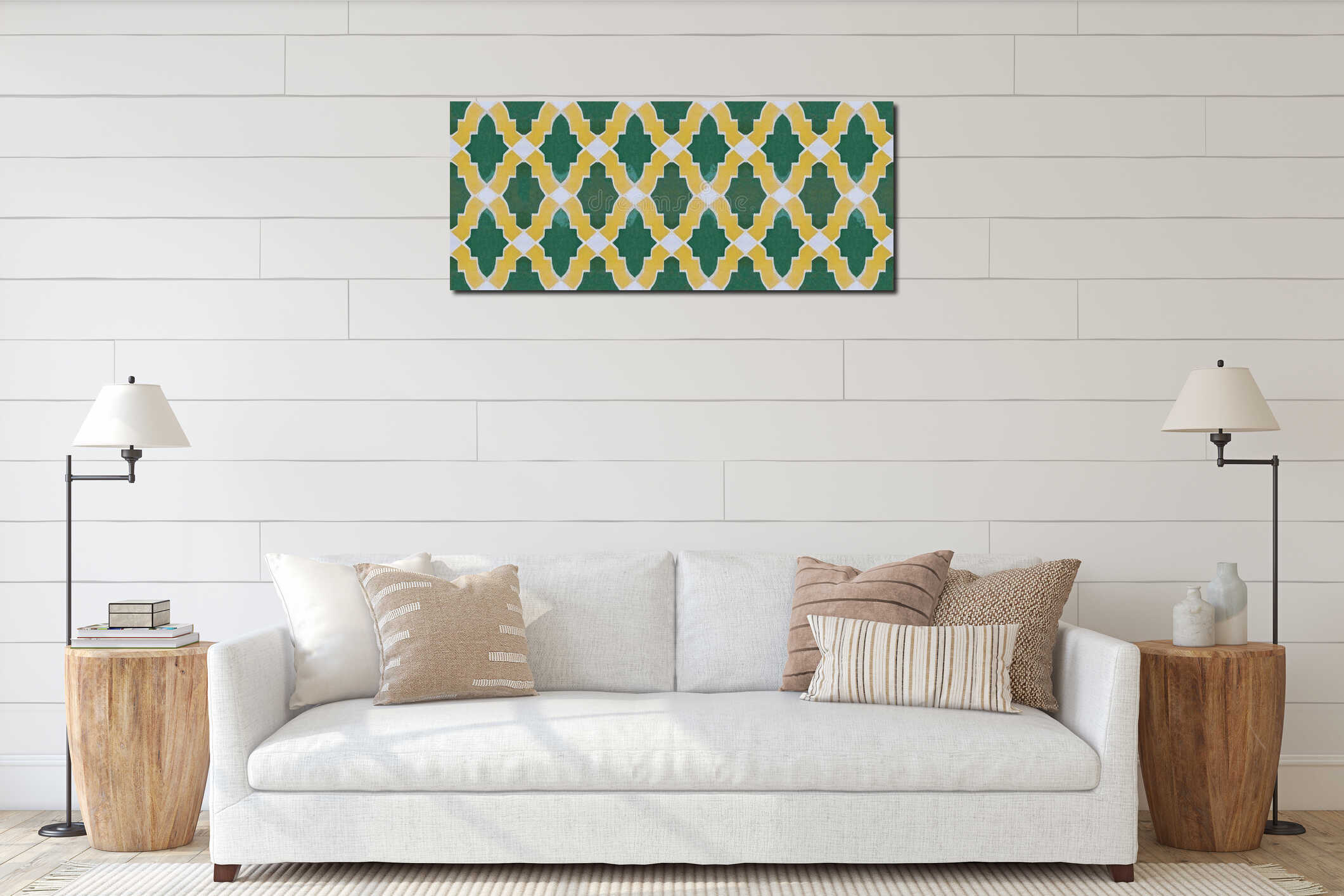Composition of typical maroccan wall decorations with yellow and green ceramic tiles called azulejos interior mockup