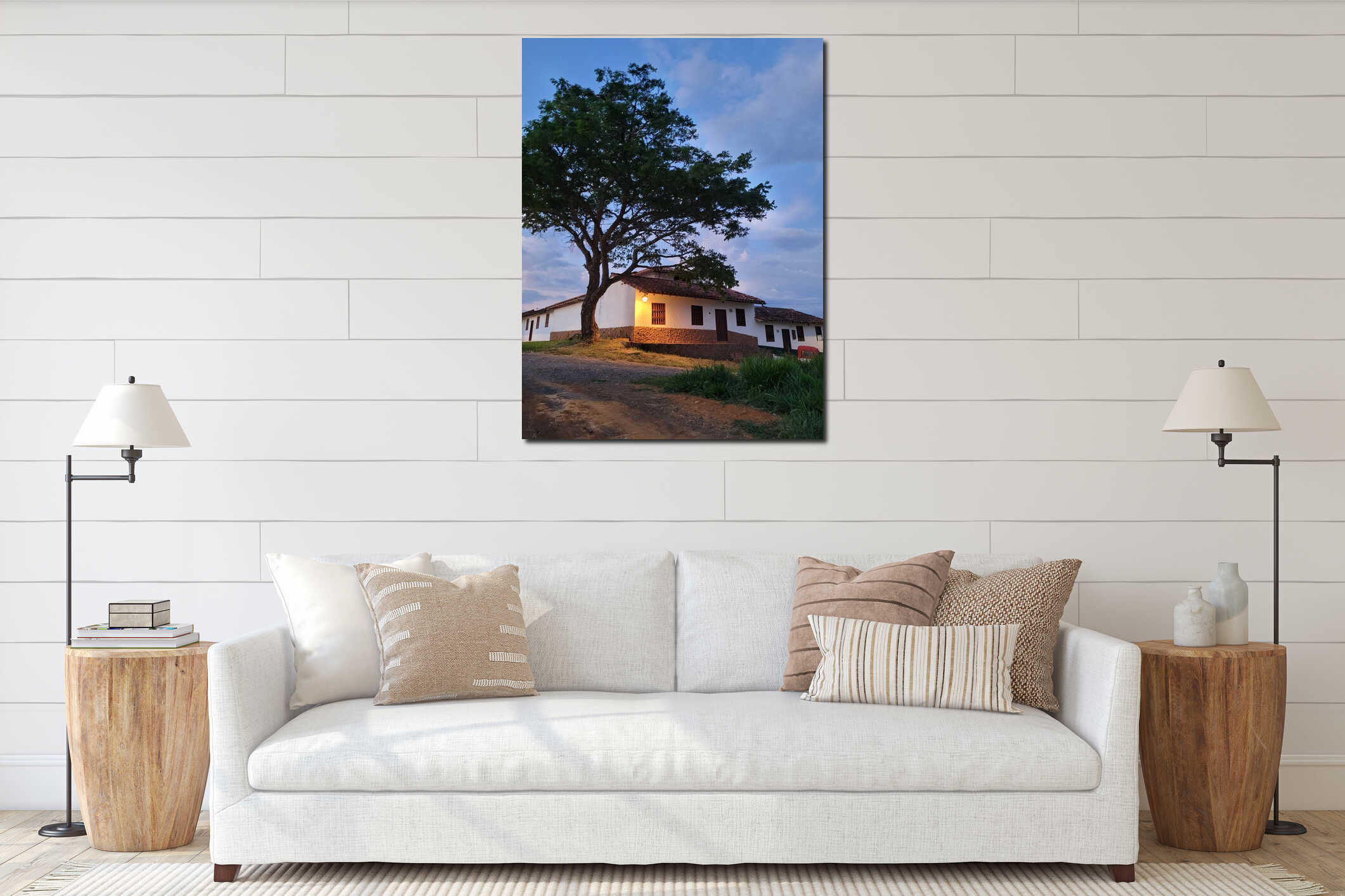 The image shows a colonial house located in a rural area in Barichara, Colombia interior mockup