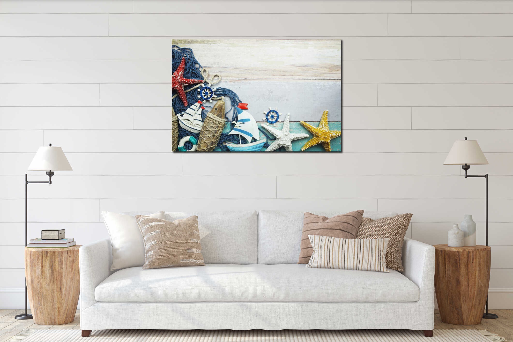 Nautical and summer background top view on wooden background interior mockup