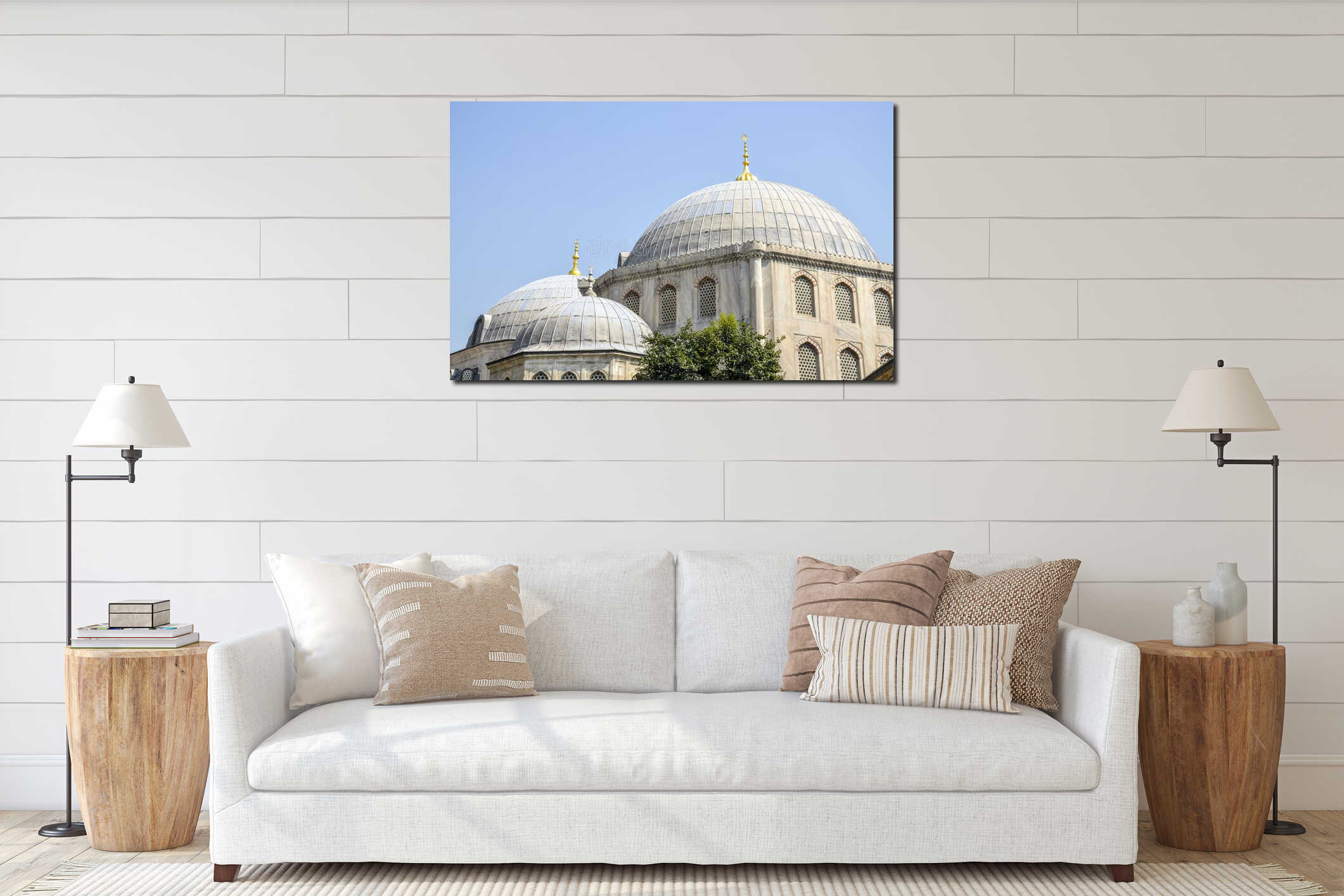 Outer view of Large dome and two semi-domes with finials in Ottoman architecture. Istanbul, Turkey interior mockup