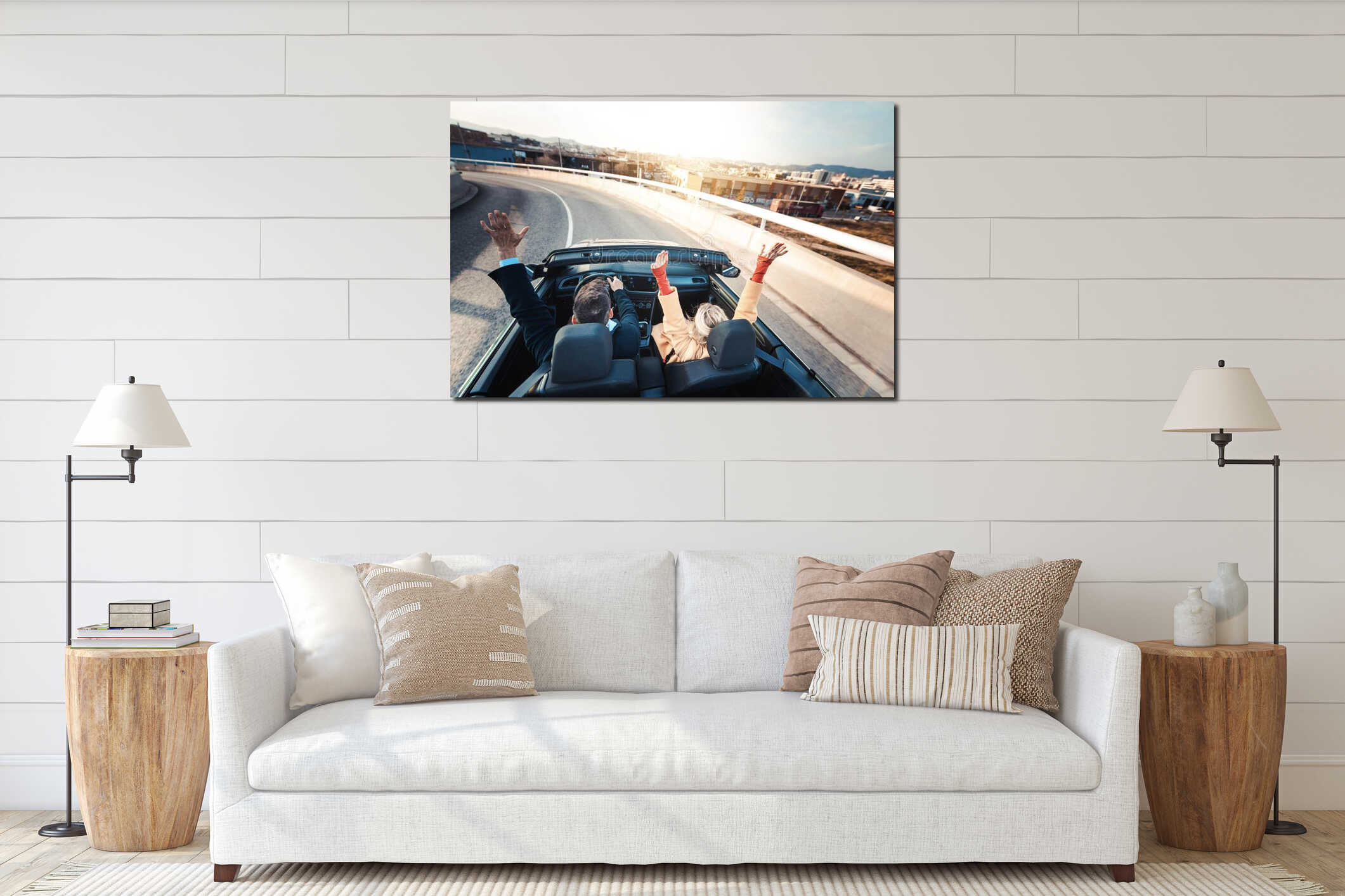 Happy couple driving on the road in convertible car - Friends rent cabrio auto on vacation interior mockup