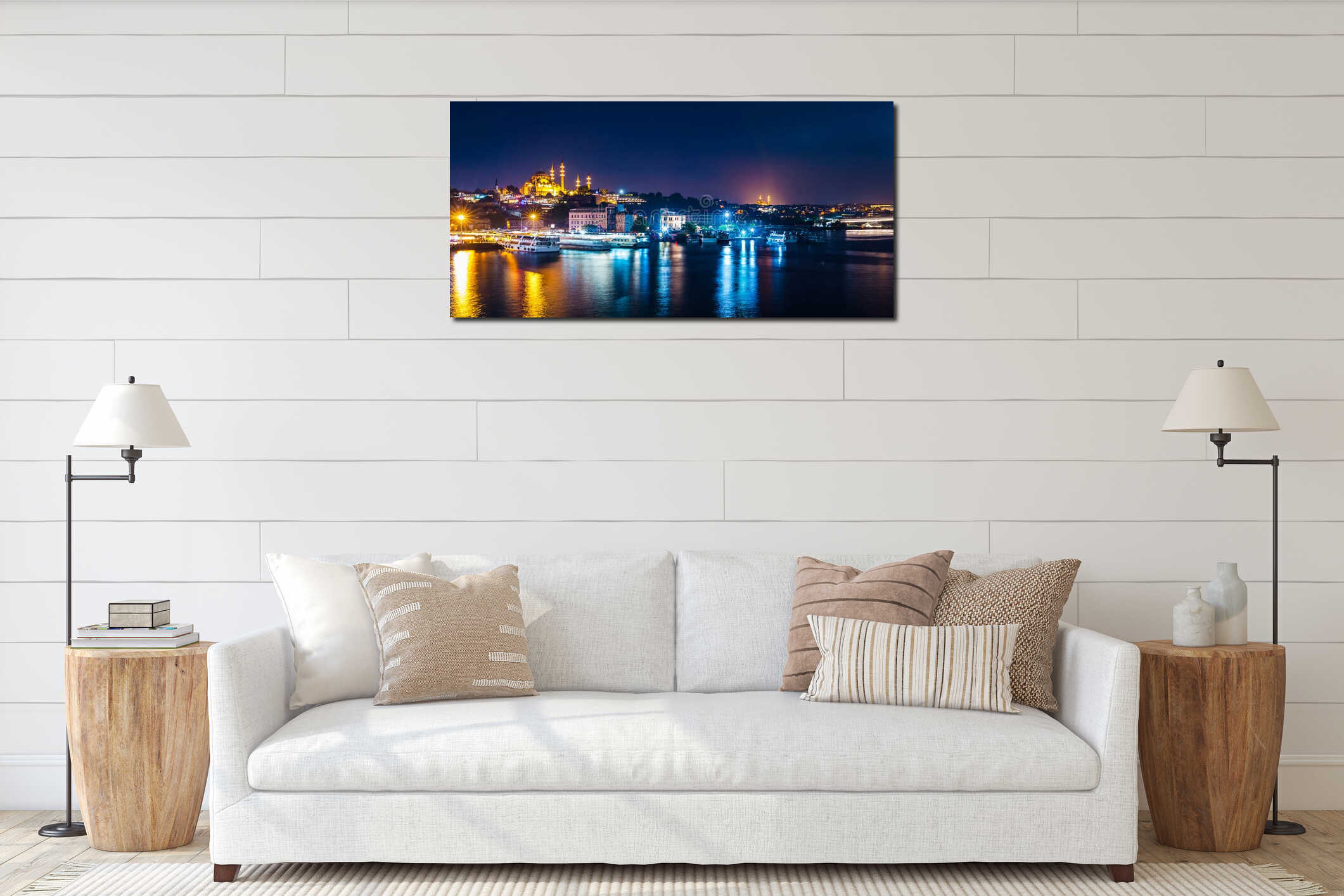 Night view of Istanbul. Panorama cityscape of famous tourist destination Golden Horn bay part of Bosphorus strait. Travel interior mockup
