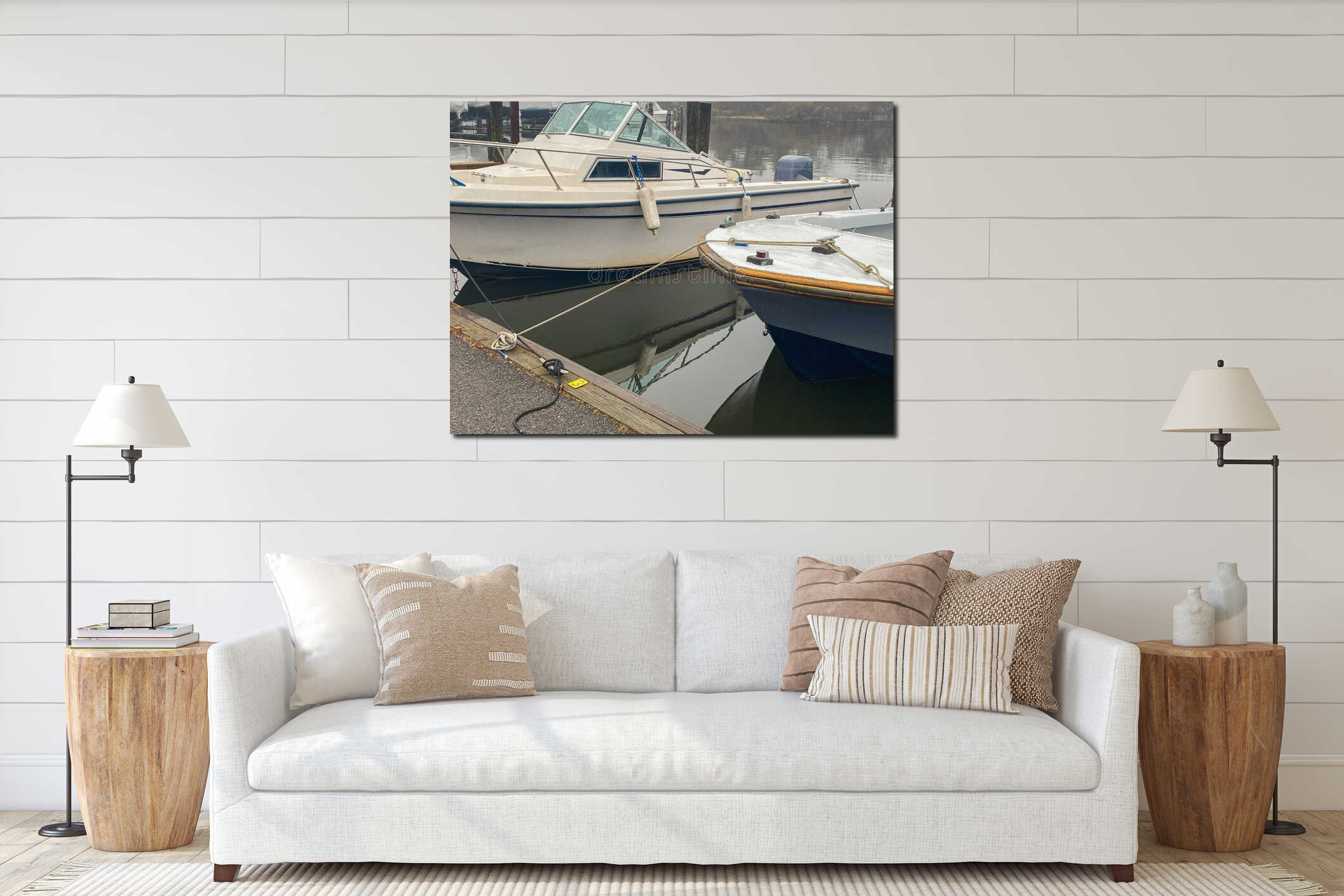 Boats tied up at a dock on a foggy morning interior mockup