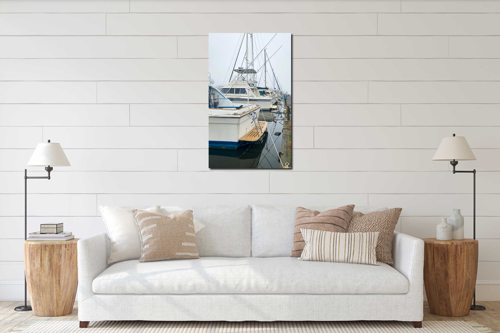 Boats in a row moored in a marina on a warm winter morining interior mockup