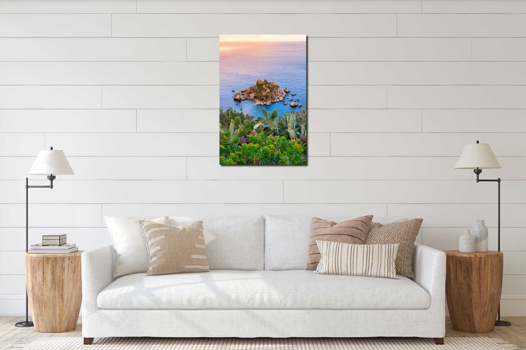 Isola Bella in Taormina, Sicily, Italy. Aerial view of small island at sunset. Scenic landscape of Sicilian rocky coast interior mockup