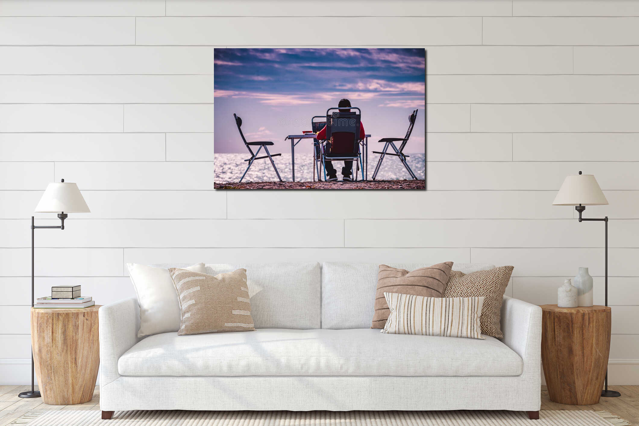 Male person enjoy sea view at sunset interior mockup