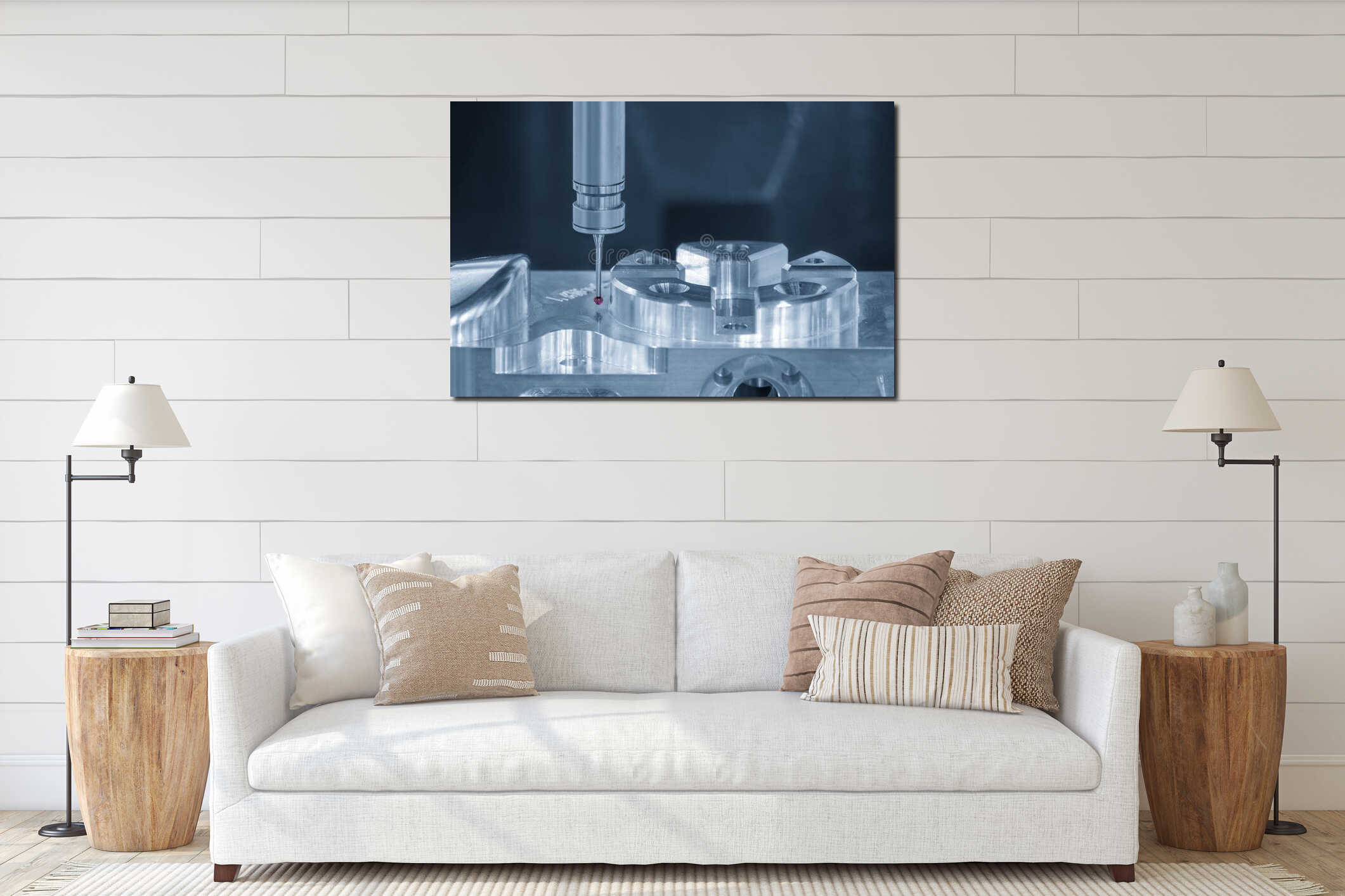 Close up scene the multi axis touching probe measuring the aluminum parts interior mockup