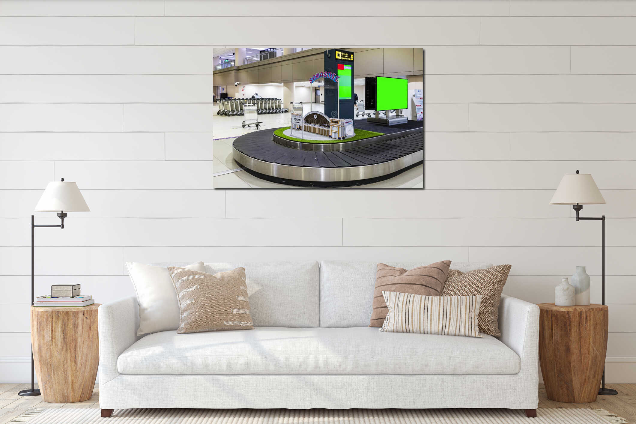 BANGKOK, THAILAND - May 22, 2023: Empty carousel with empty screens at Don Mueang International Airport 's Baggage Claim Hal interior mockup