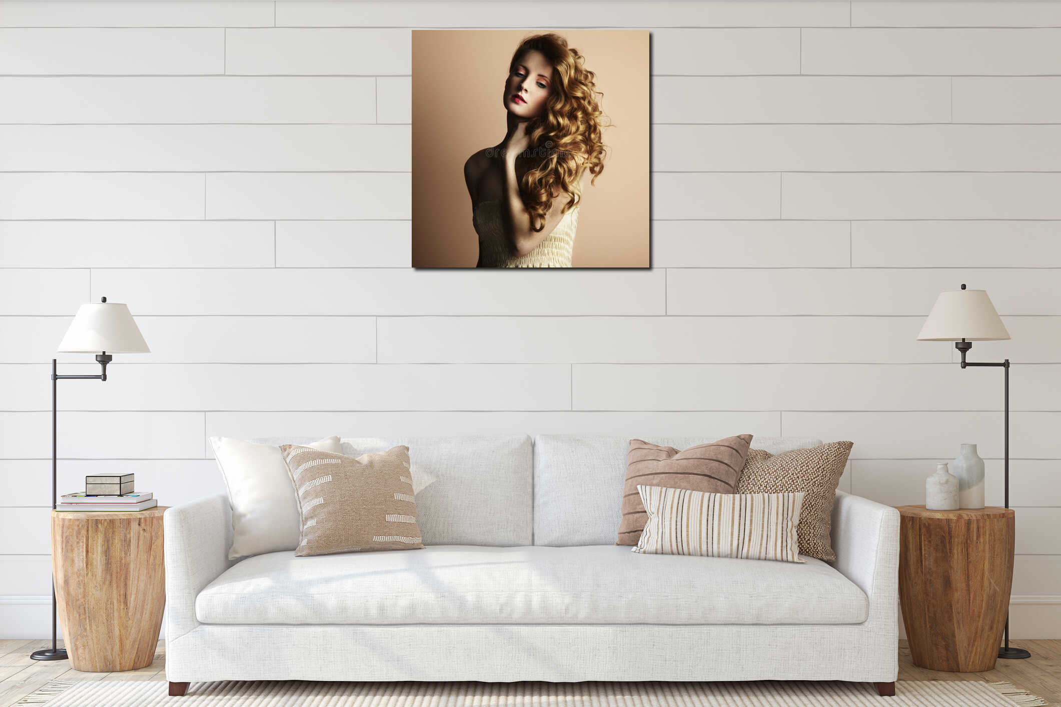 Photo of beautiful young woman. Vintage style interior mockup