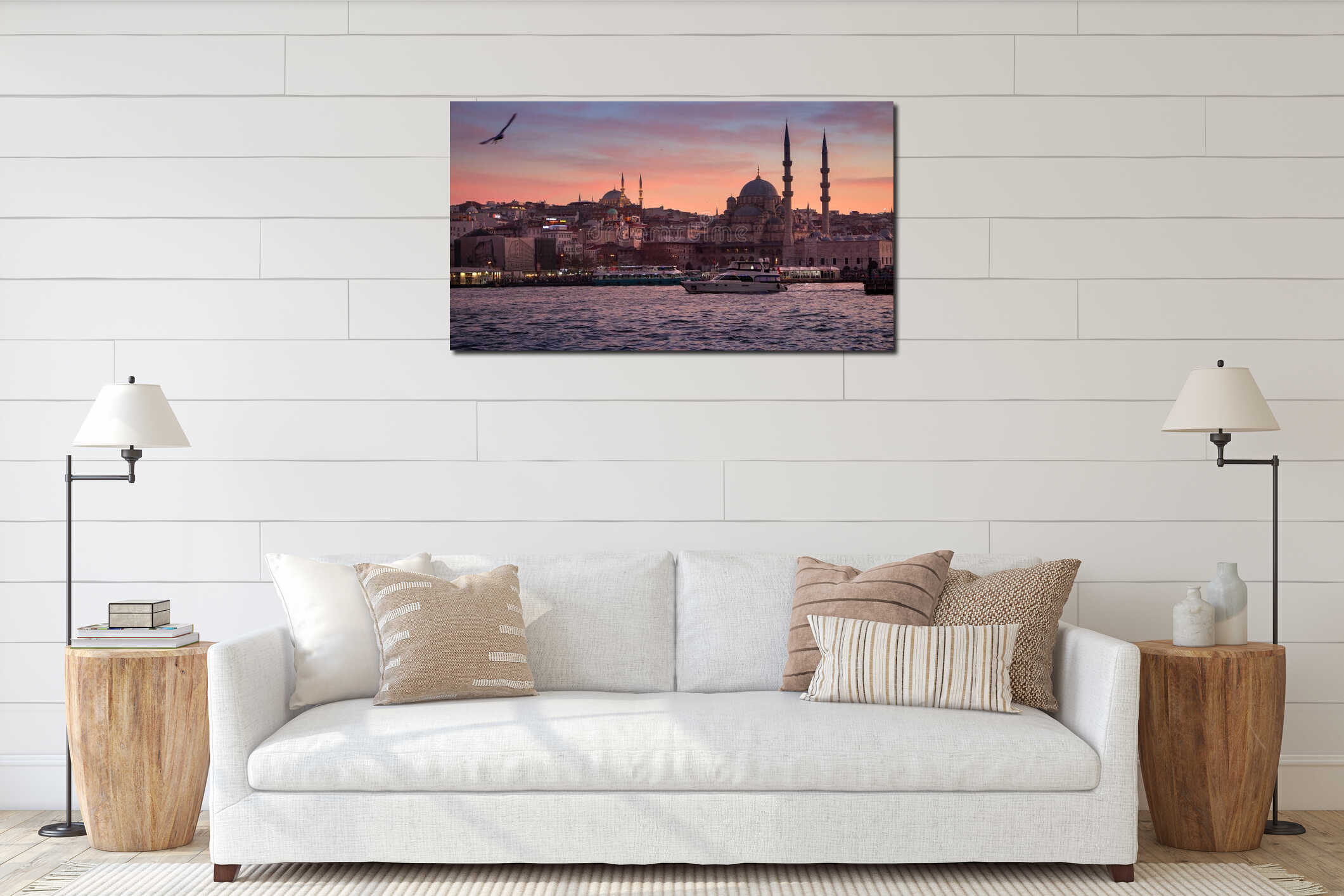 15th of March, 2023, Turkey, Istanbul. Ships and boat floating in Bosphorus against mosques and beautiful sunset sky interior mockup