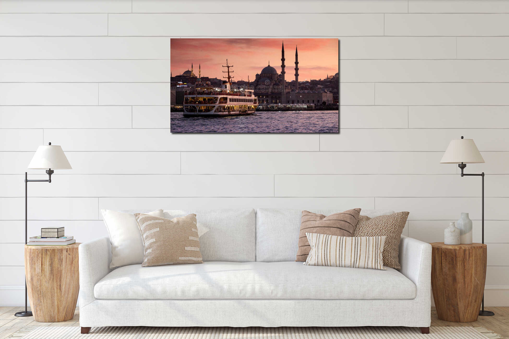 Famous Istanbul ferry boat going in Bosphorus at sunset against mosques and evening sky. 15th of March, 2023, Turkey, Istanbul interior mockup
