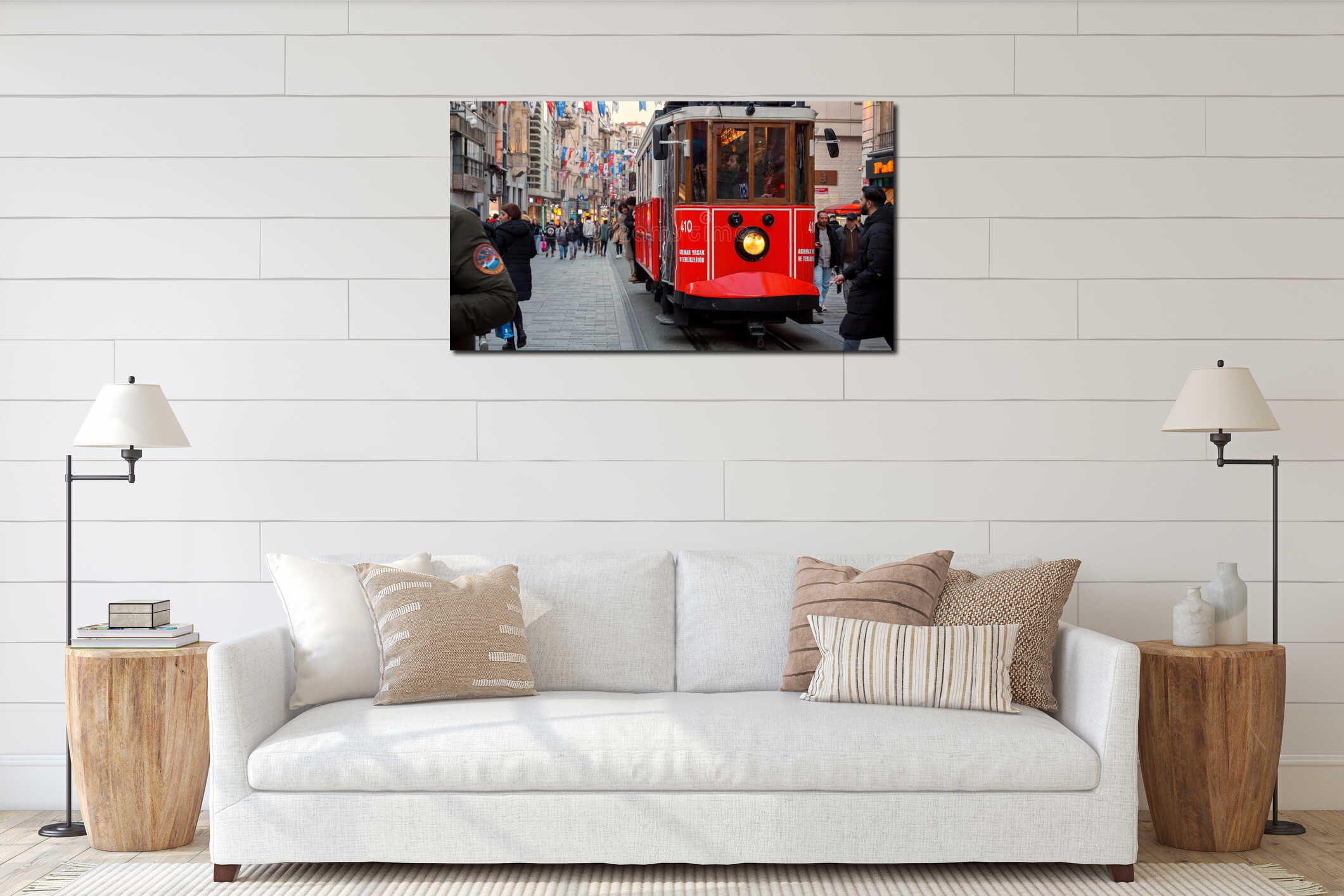 Famous Istanbul red tram driving on the crowded Istiklal street at sunset. 15th of March, 2023, Turkey, Istanbul interior mockup