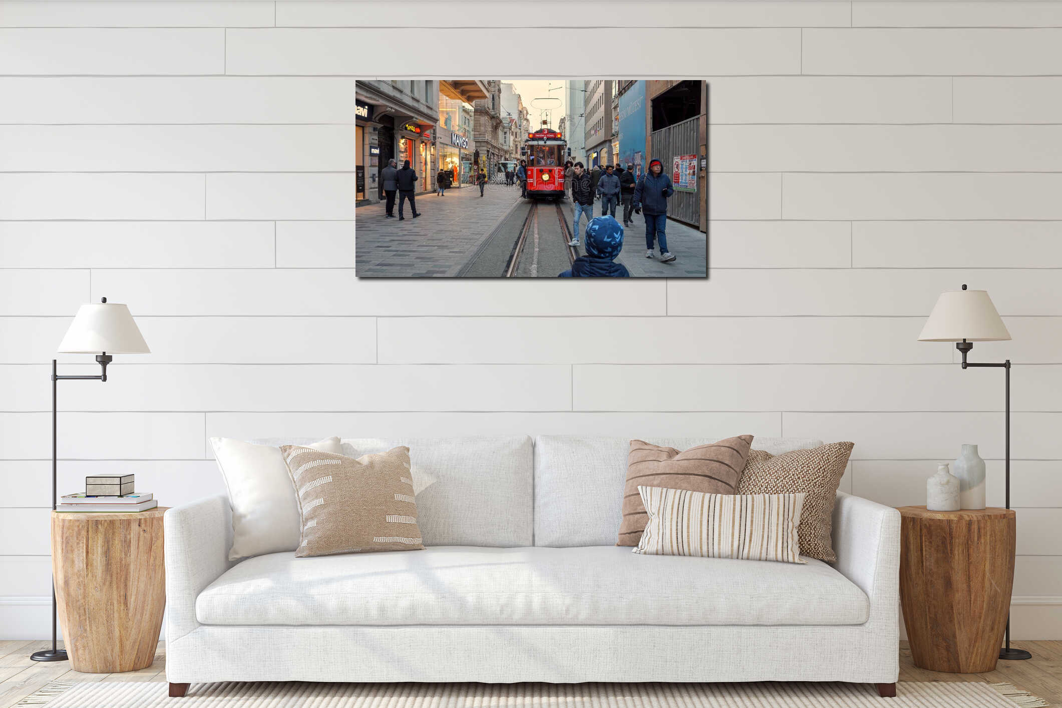 Crowded Istiklal street in istanbul with lots of stores and famous red tram. 15th of March, 2023, Turkey, Istanbul interior mockup