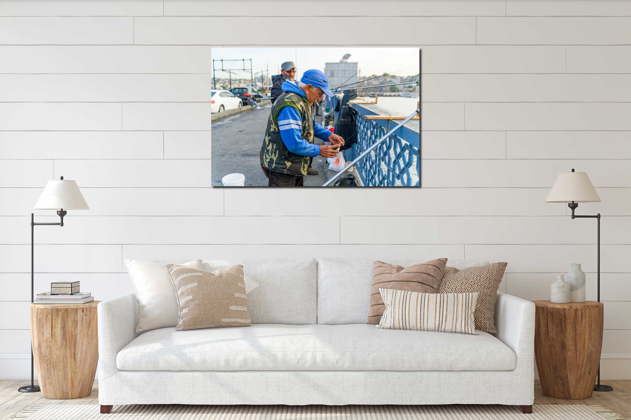 Istanbul, Turkey - 10 May 2023: fishermen are seen fishing with their fishing rod over the iconic Galata Bridge on the Bosphorus. interior mockup