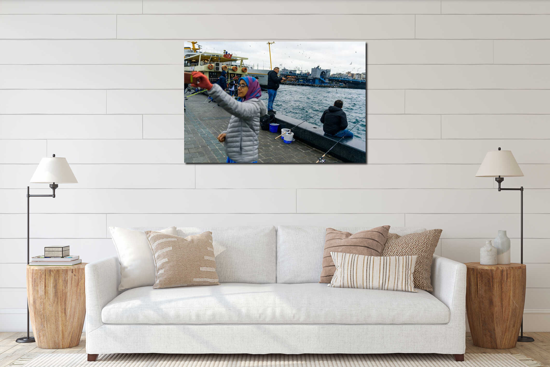 Istanbul, Turkey - 10 May 2023: fishermen are seen fishing with their fishing rod over the iconic Galata Bridge on the Bosphorus. interior mockup