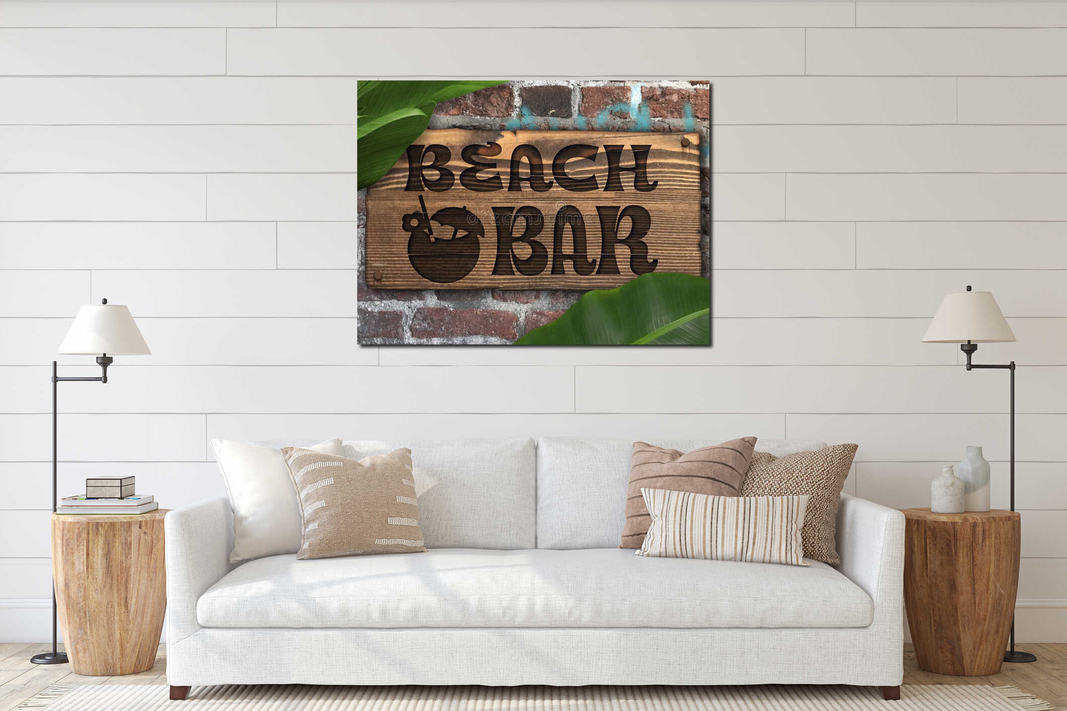 Tropical Beach Bar Sign on Brick Wall with Pina Colada Drink interior mockup