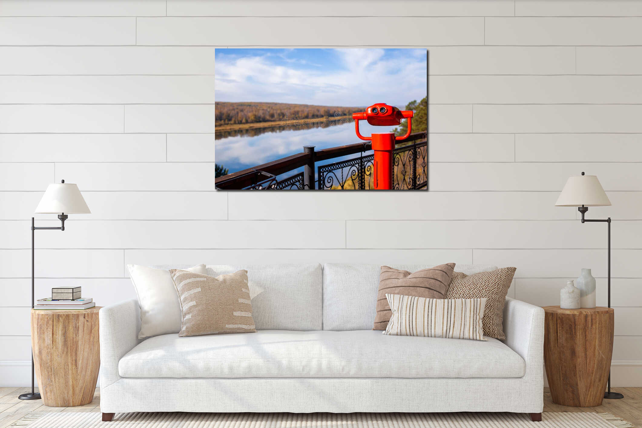 Public stationary binoculars on the banks of the river in summer interior mockup