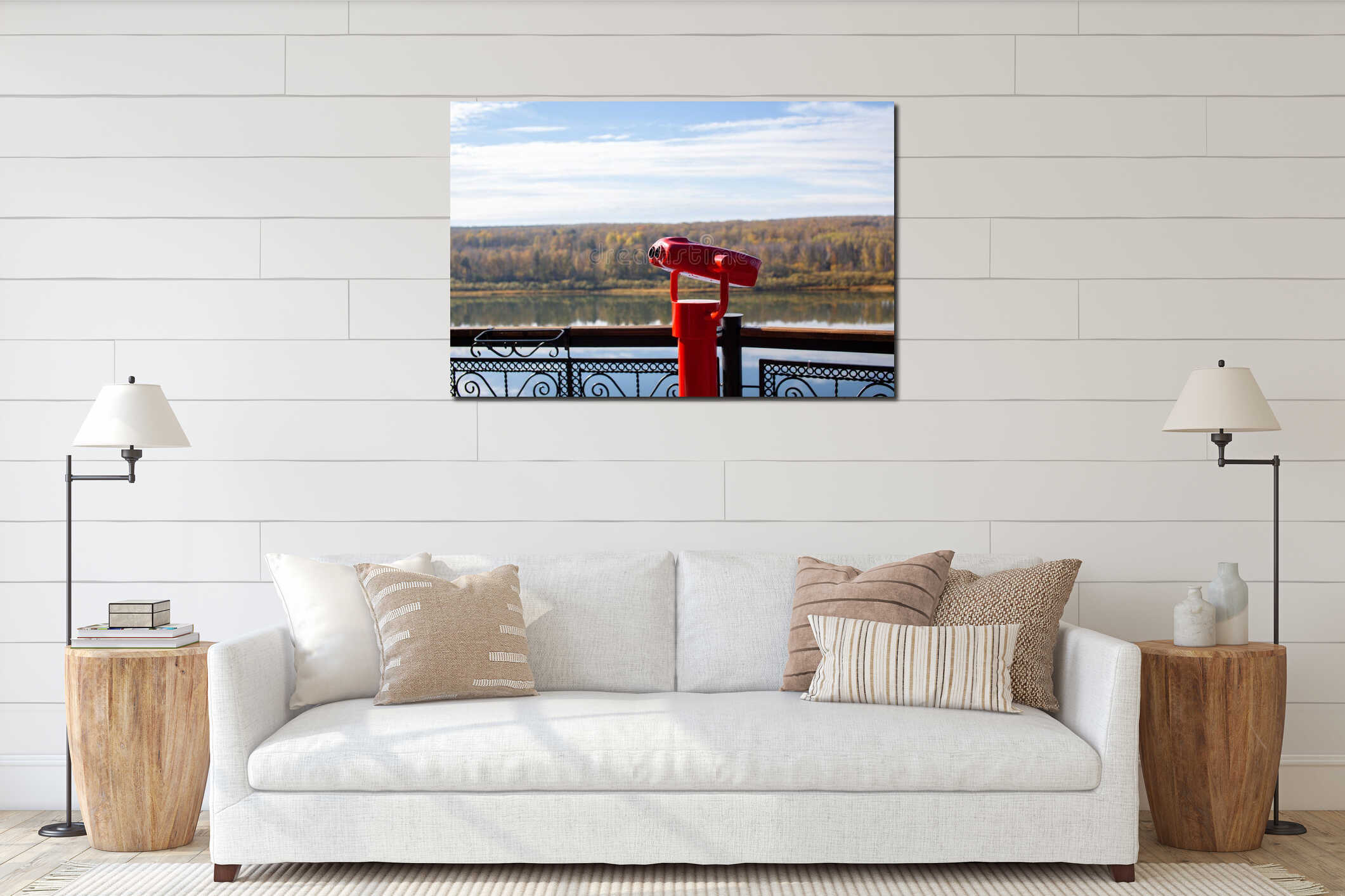 Public stationary binoculars on the banks of the river in summer interior mockup