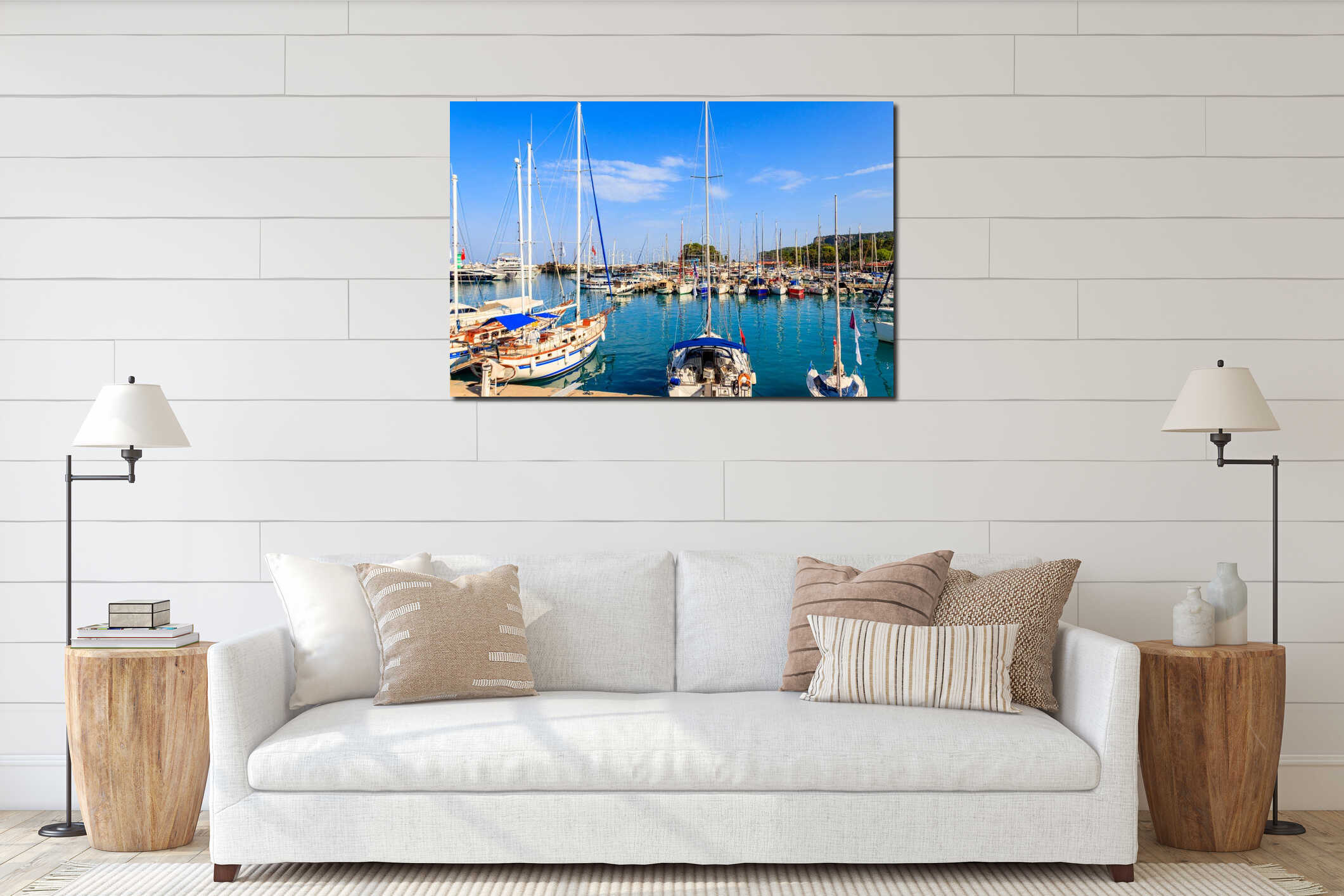 White yachts in sea harbor of Kemer, Antalya province in Turkey. Kemer Marina on the Mediterranean sea interior mockup