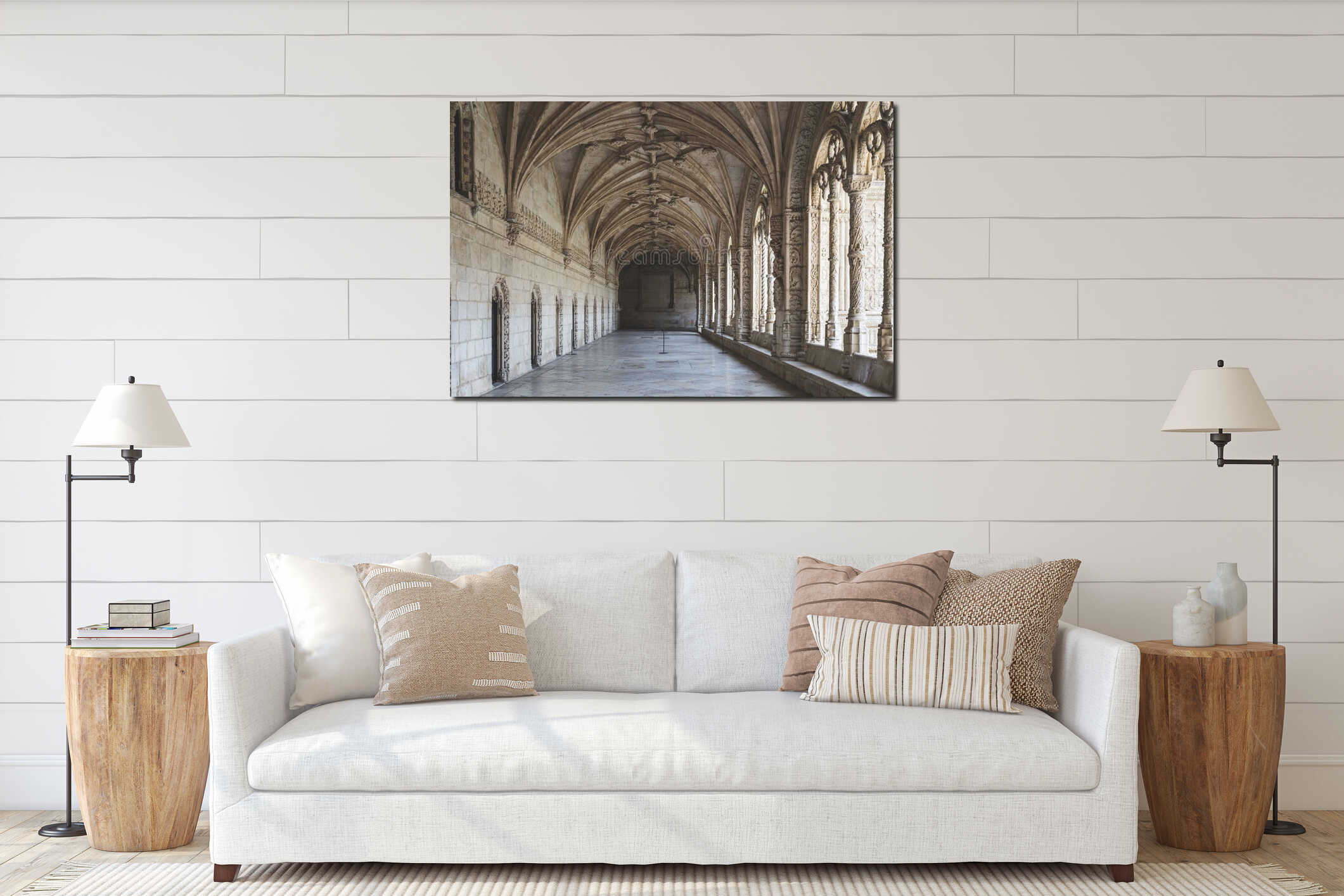 Corridor of the cloister in the Jeronimos Monastery with arched stone interior in Lisbon, Portugal interior mockup