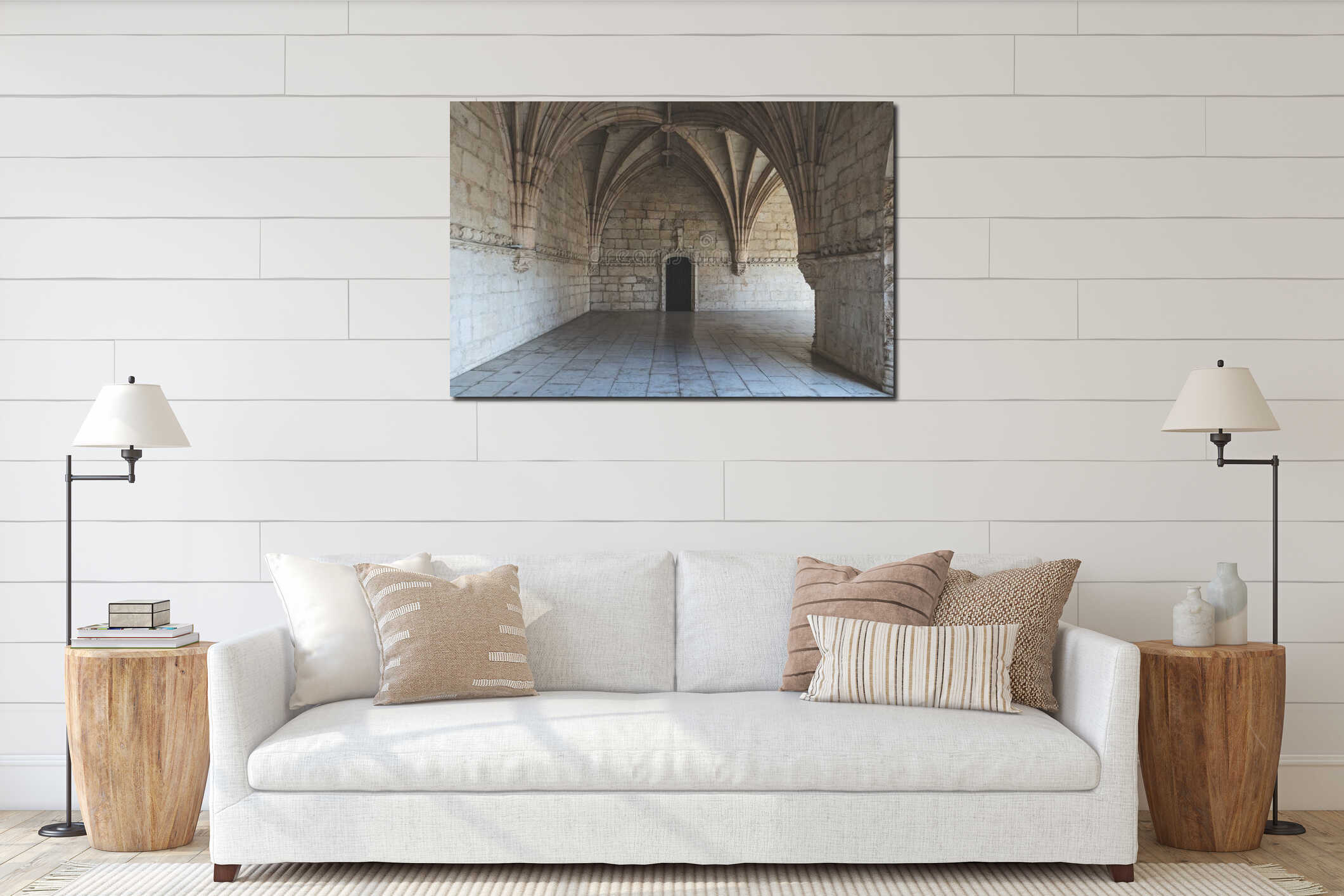 Corridor of the cloister in the Jeronimos Monastery with arched stone interior in Lisbon, Portugal interior mockup