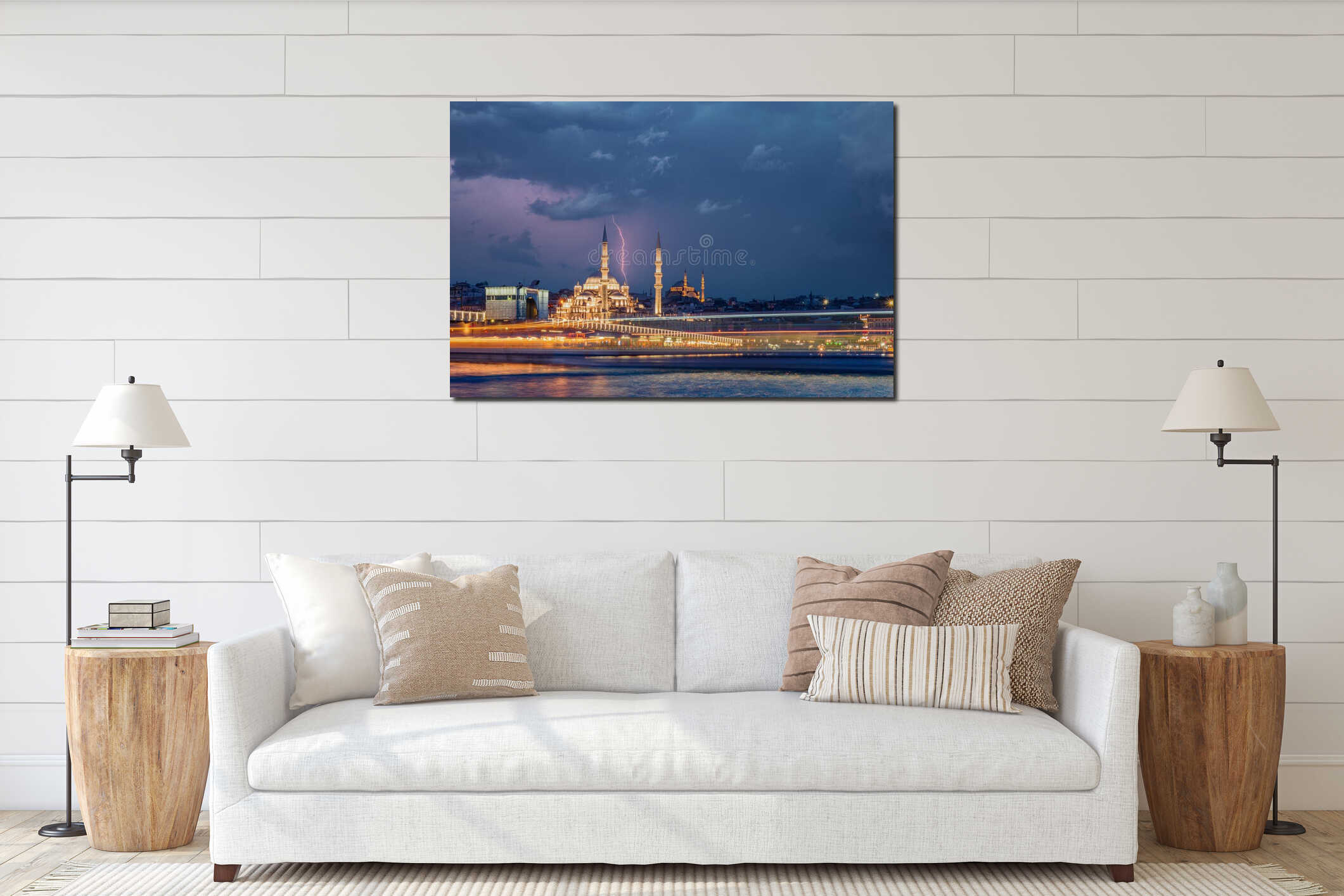 Istanbul dramatic cityscape - panoramic scenic view of mosque with ferry boat during storm with lightning over Suleyman Mosque. interior mockup