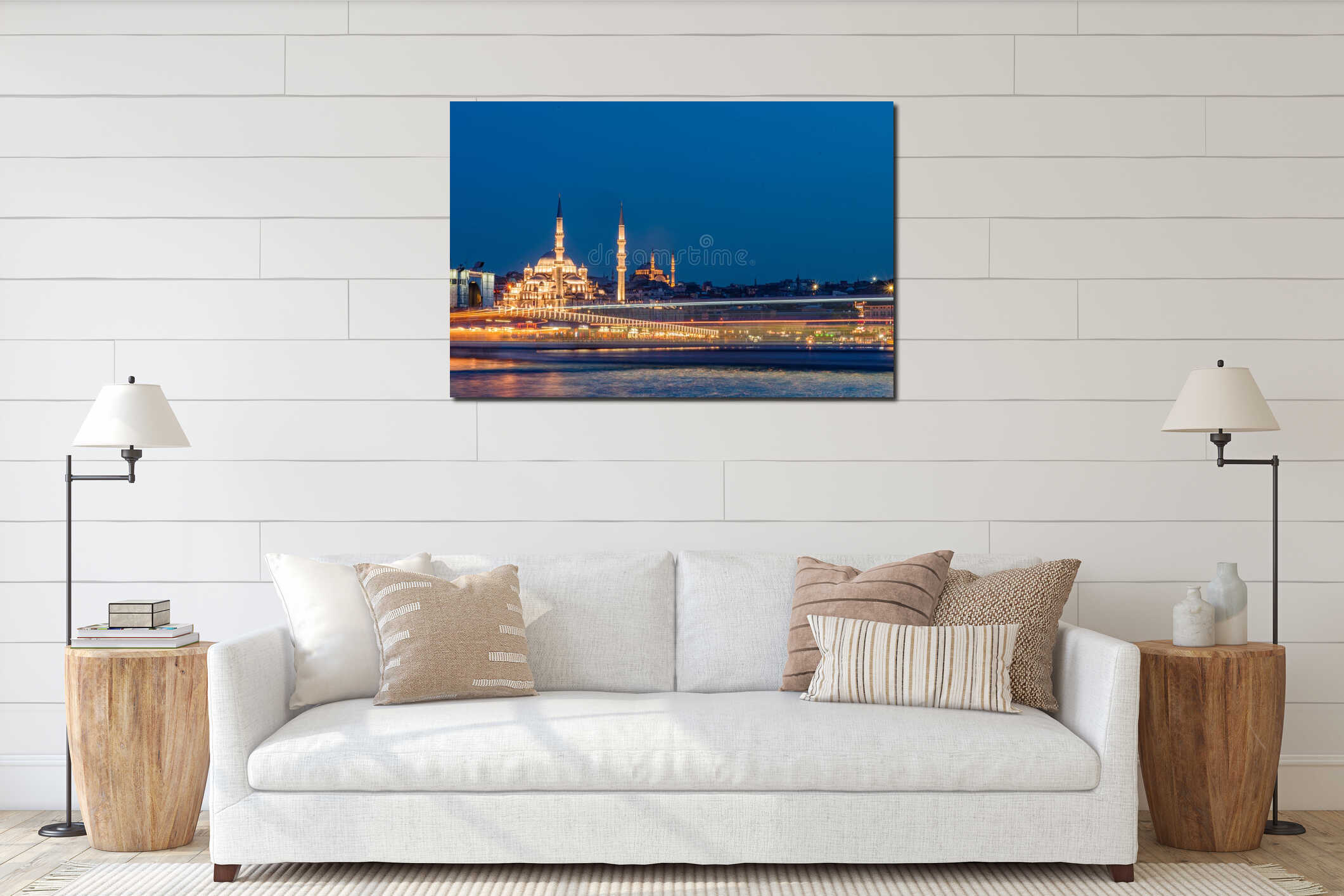 Istanbul cityscape - panoramic scenic view of mosque with ferry boat at sunset. Long exposure landscape of Istanbul at night interior mockup