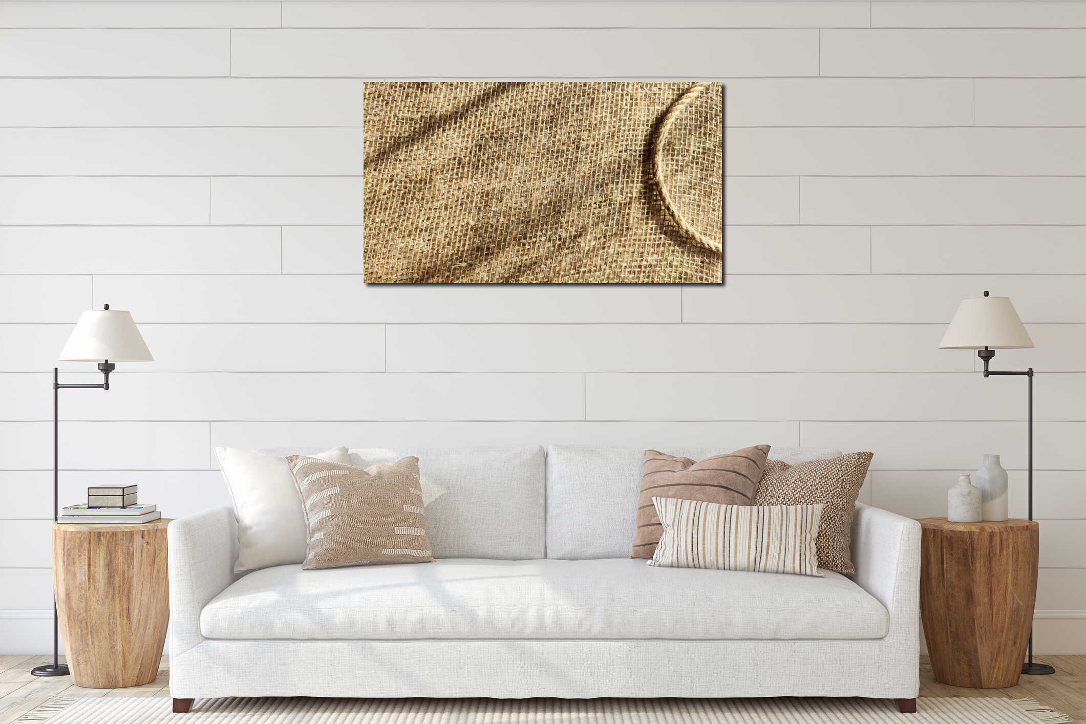 Burlap fabric, coarse jute weave, and thick burlap rope. Background, texture, pattern, and frame. interior mockup