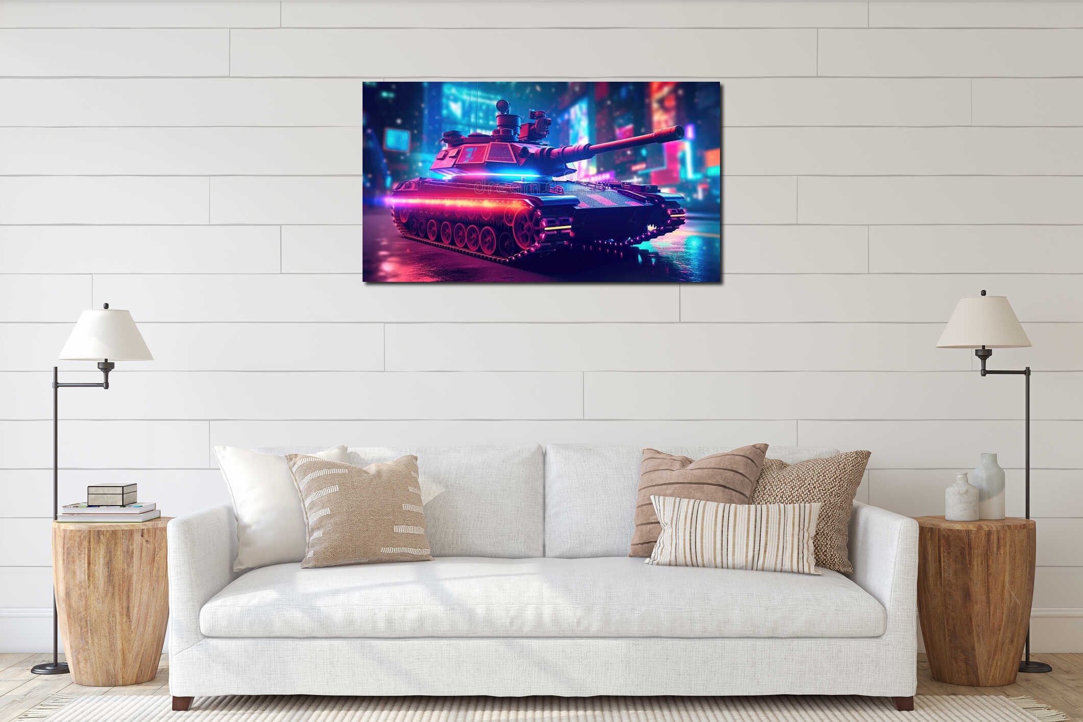Photo With Led Tank Top Black Blurred Background. Generative AI interior mockup