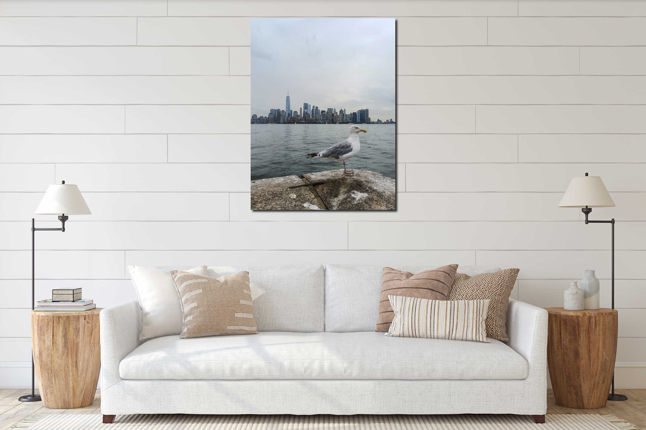 Seagull posing in front of the skyline of Lower Manhattan interior mockup
