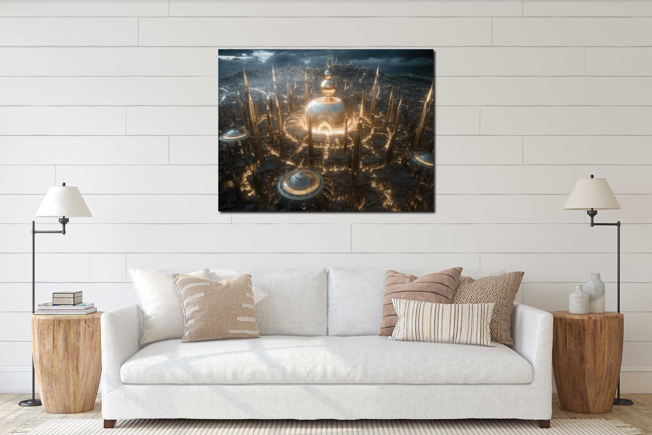 high-angle shot of a large fantasy city with a center full of lights and a cloudy sky in the background. Generative AI interior mockup