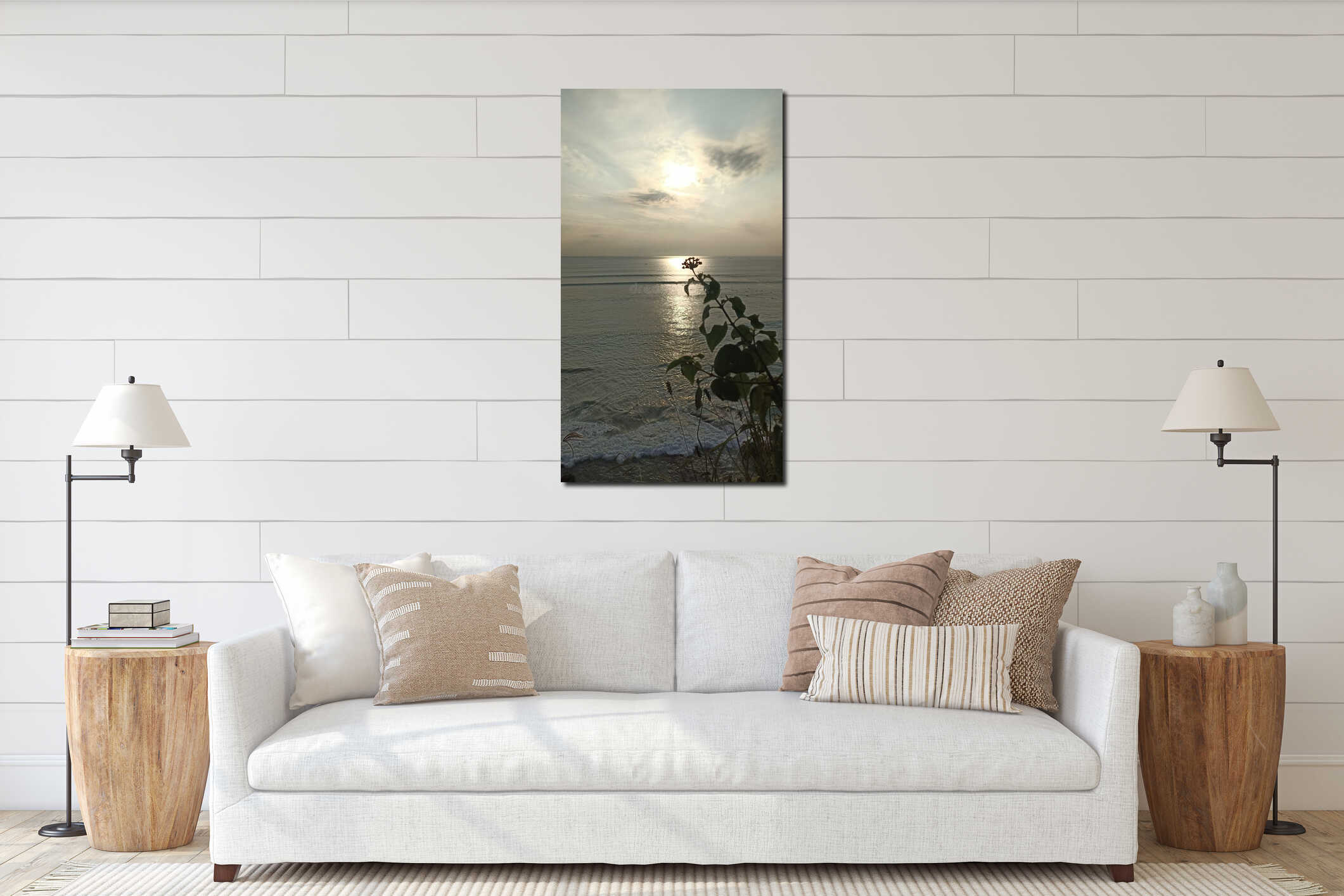 In a picturesque moment at Dreamland Beach, casting a warm, golden light interior mockup