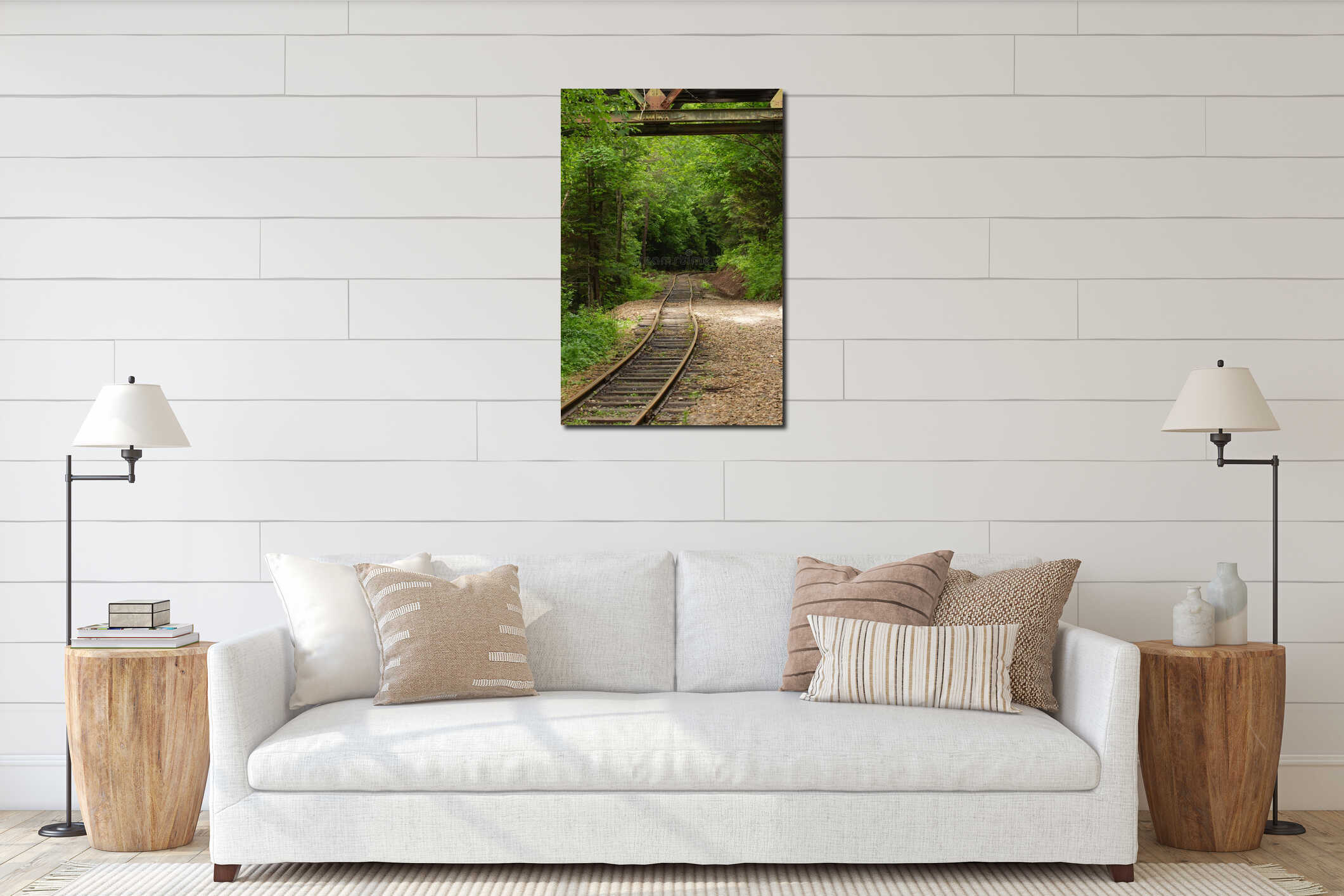 A narrow-gauge, old railway leads directly into the mysterious wild forest. interior mockup