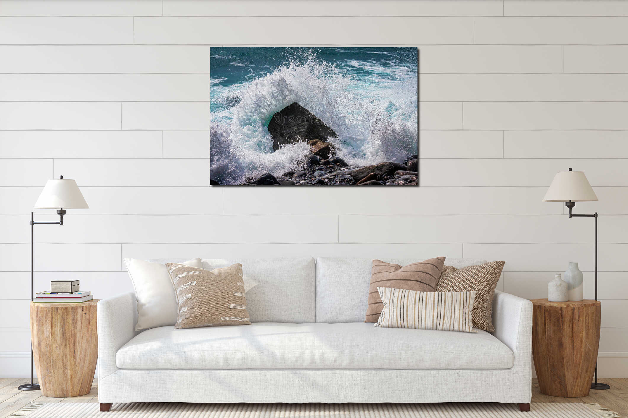 Tranquil scene of a small wave lapping gently against a rocky beach shore, Madeira, Portugal interior mockup