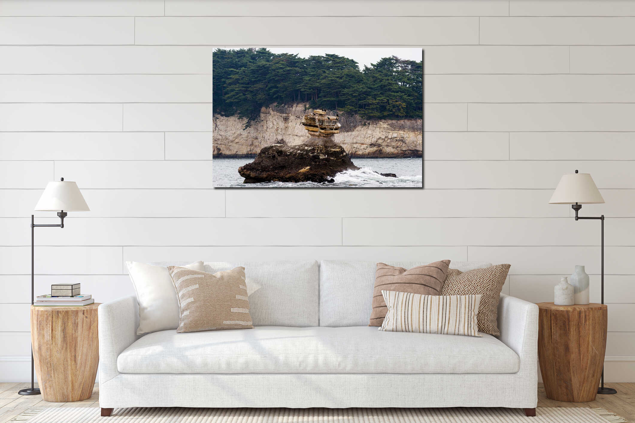 Scenic view of a flock of birds perched on a rocky island in Japan interior mockup
