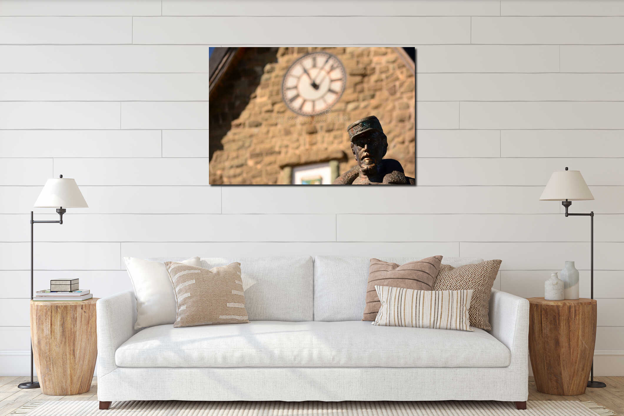 a statue of a person in front of a clock tower interior mockup