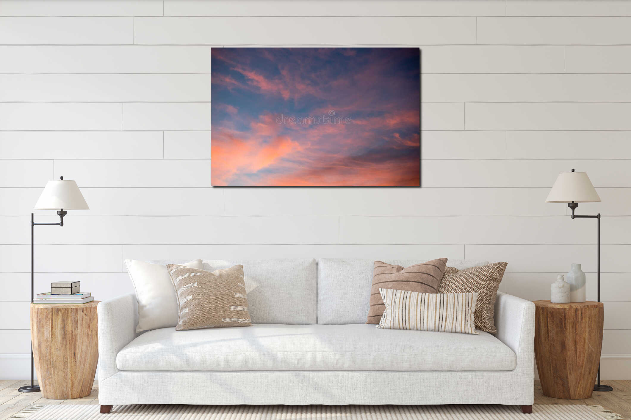 Image of a stunning pink and blue evening sky, with the sun setting on the horizon interior mockup