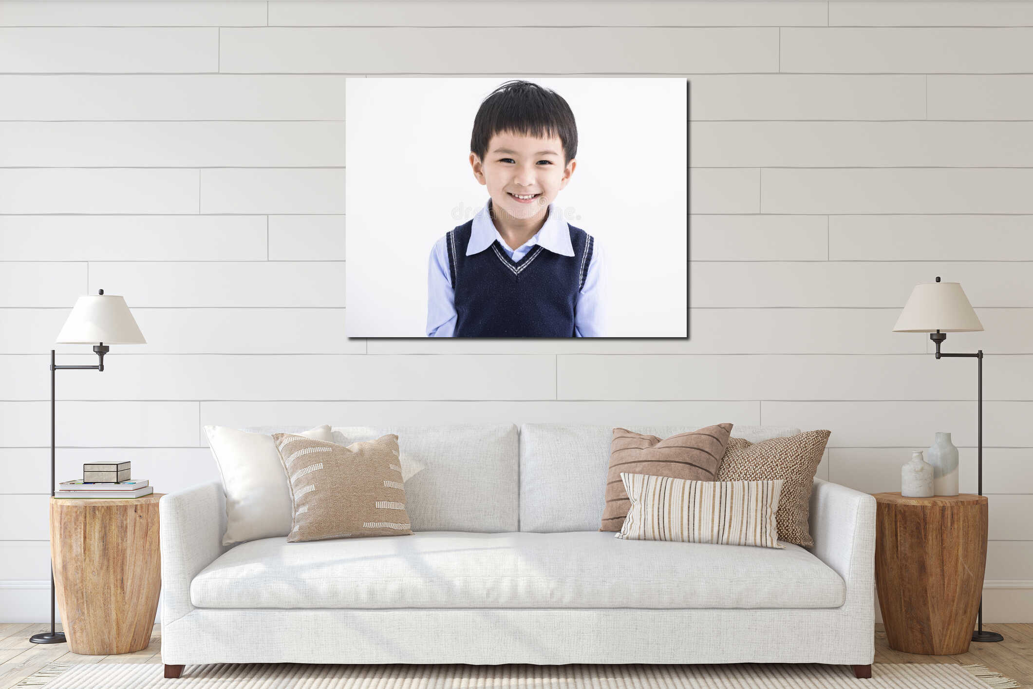 closeup Happy asian boy face on white background interior mockup