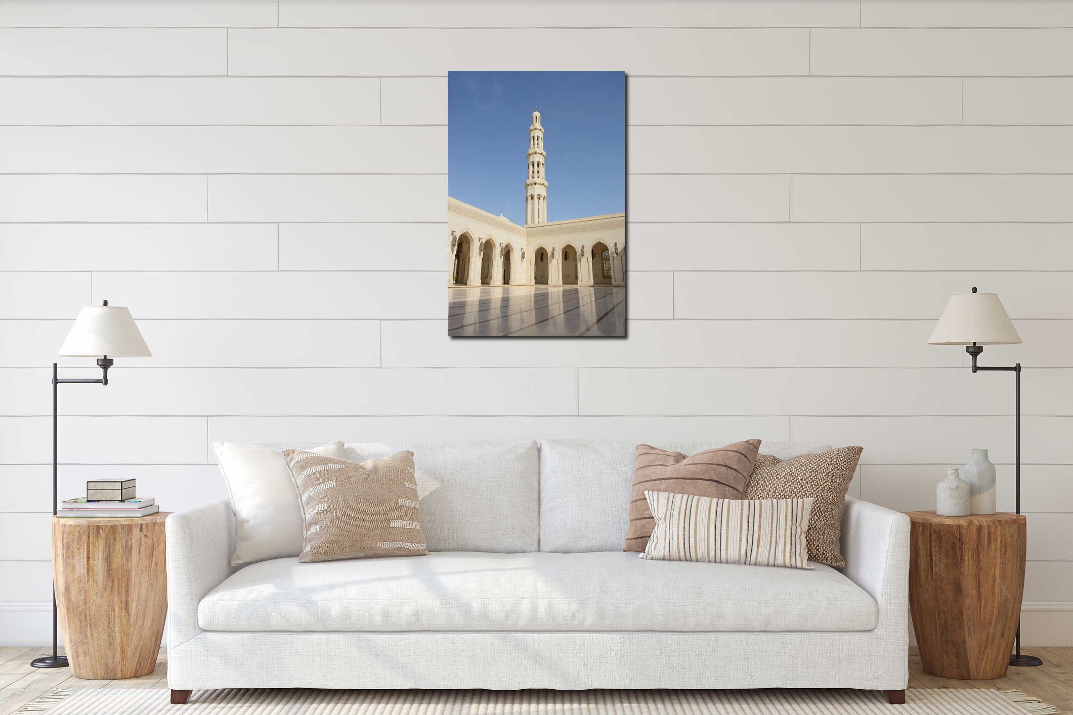 Main minaret and marble courtyard of Sultan Qaboos Mosque interior mockup